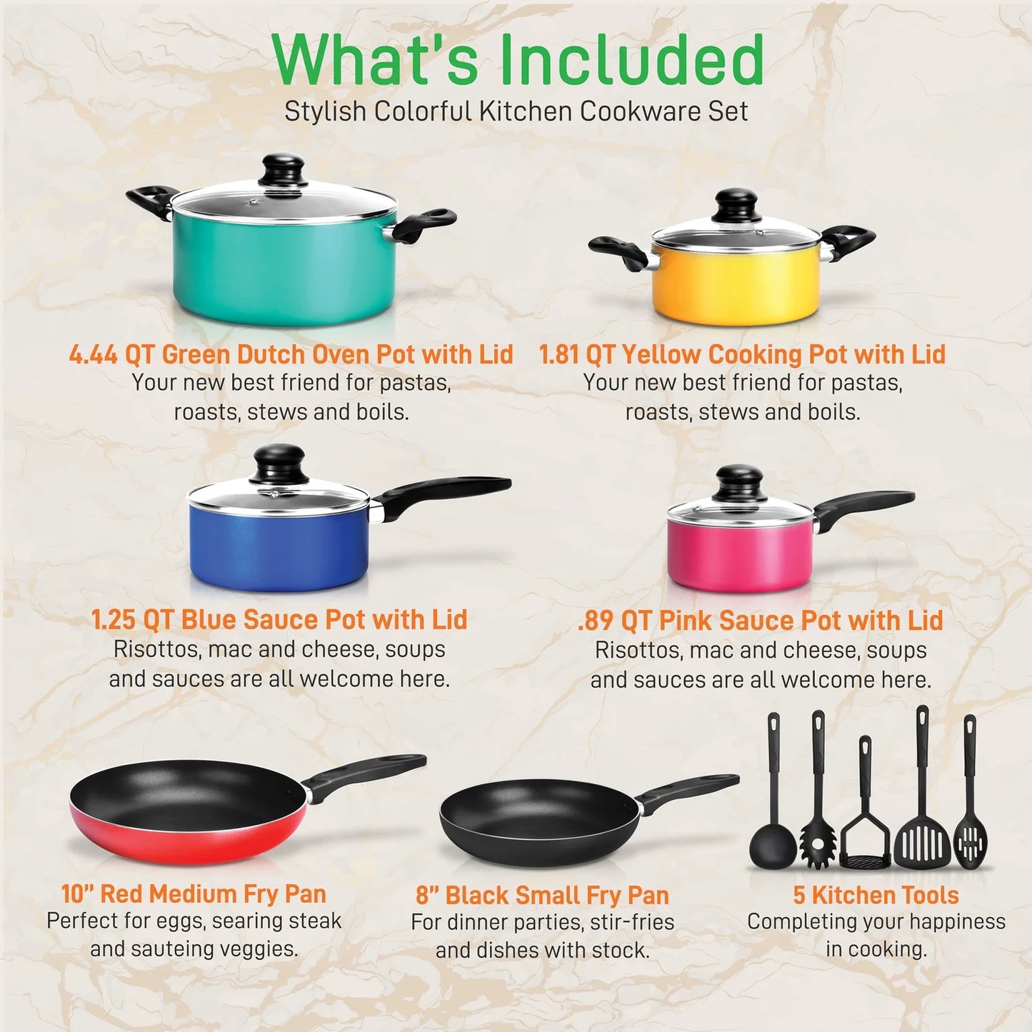 VERI HOT 15 Piece Kitchenware Pots & Pans Non-Stick Cookware Set
