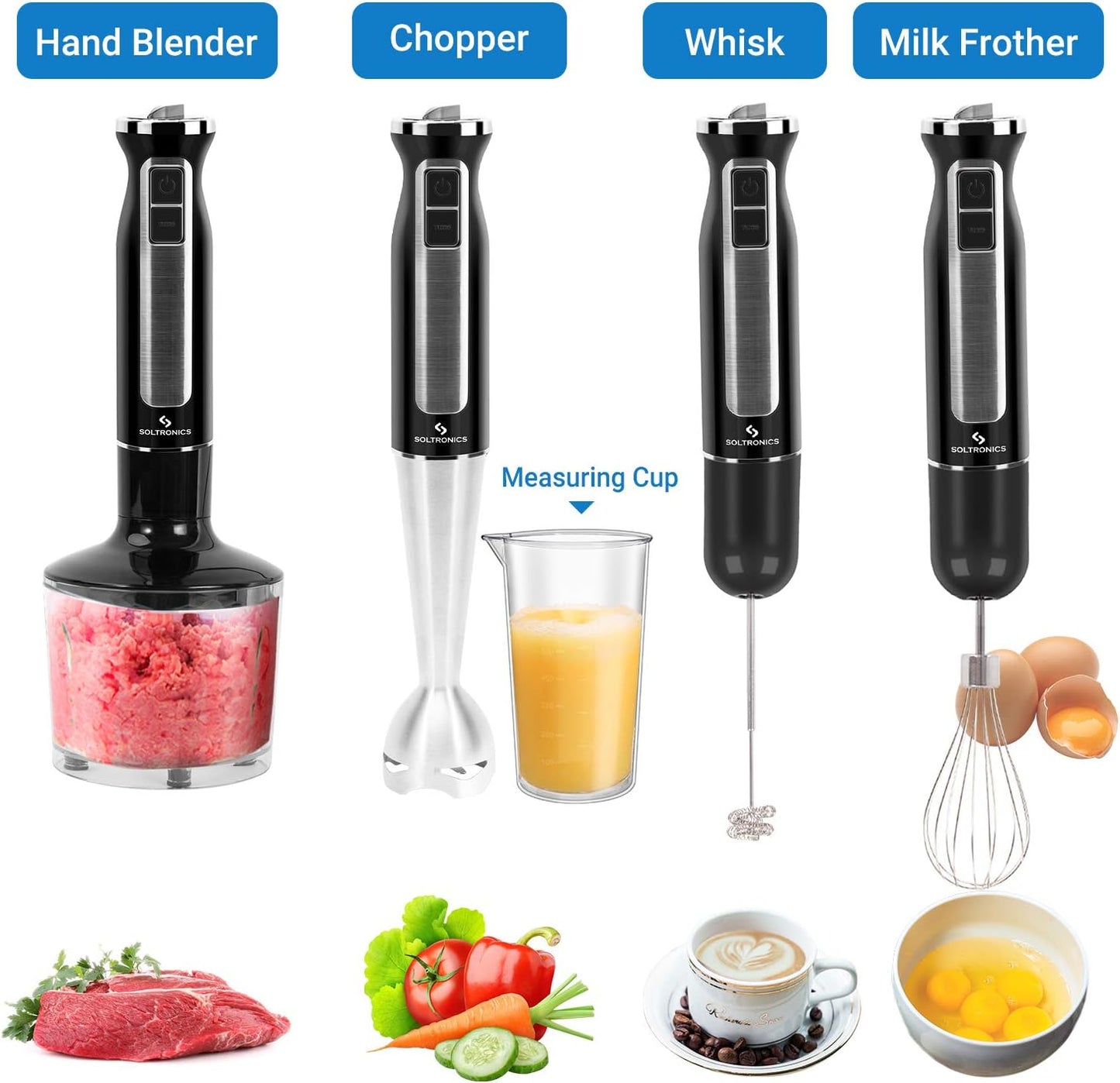 VERI HOT 5-In-1 Hand Blender, 5-In-1, 8-Speed 500 Watts Stick Blender with 860Ml Food Grinder, 600Ml Container, Milk Frother, Egg Whisk for Puree Infant Food, Smoothies, Sauces and Soups, Black