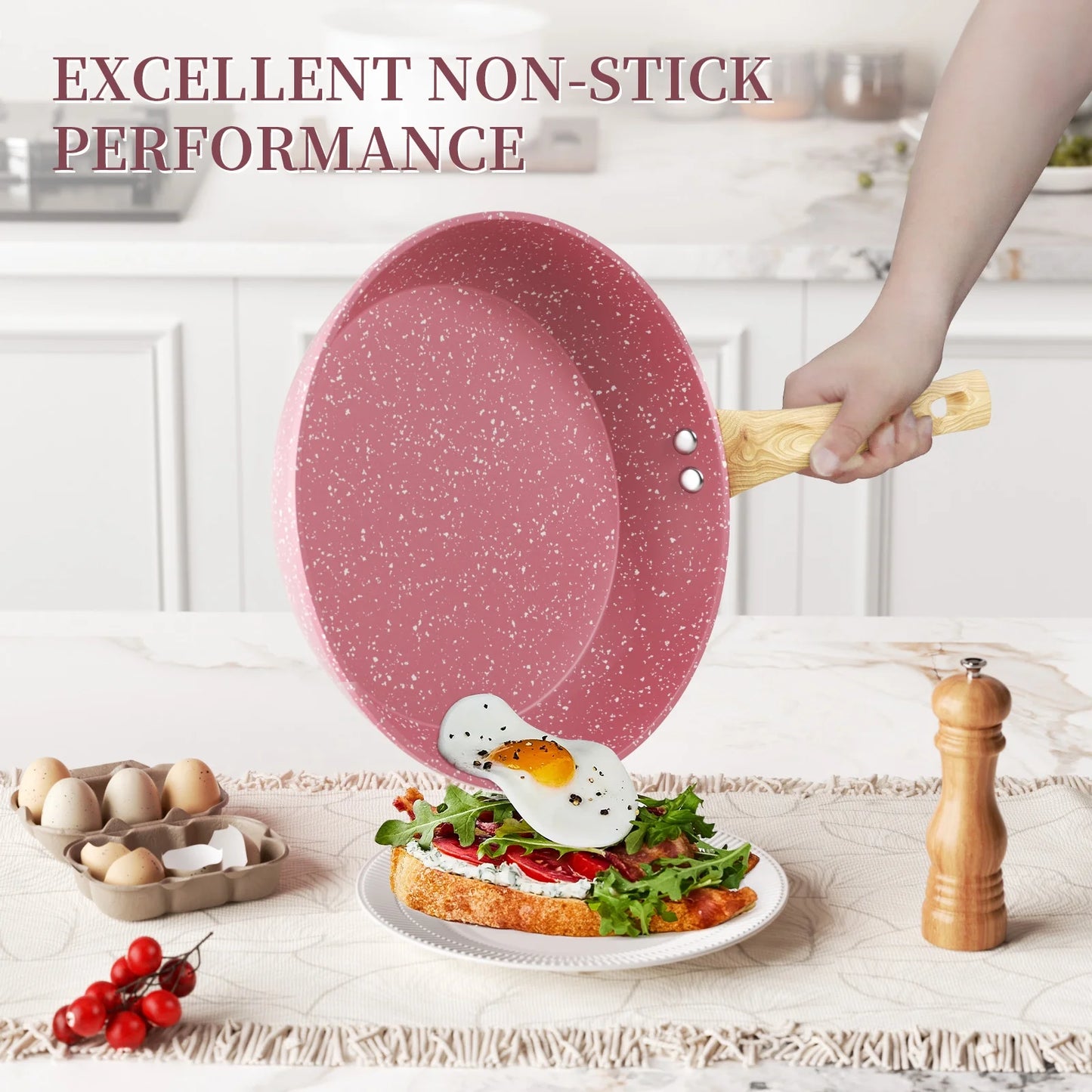 VERiS NICE 6Pcs Nonstick Pink Frying Pan Set Toxin-Free 8" 9.5" and 11" Frying Pan with Lid Bakelite Handle Cookware Set