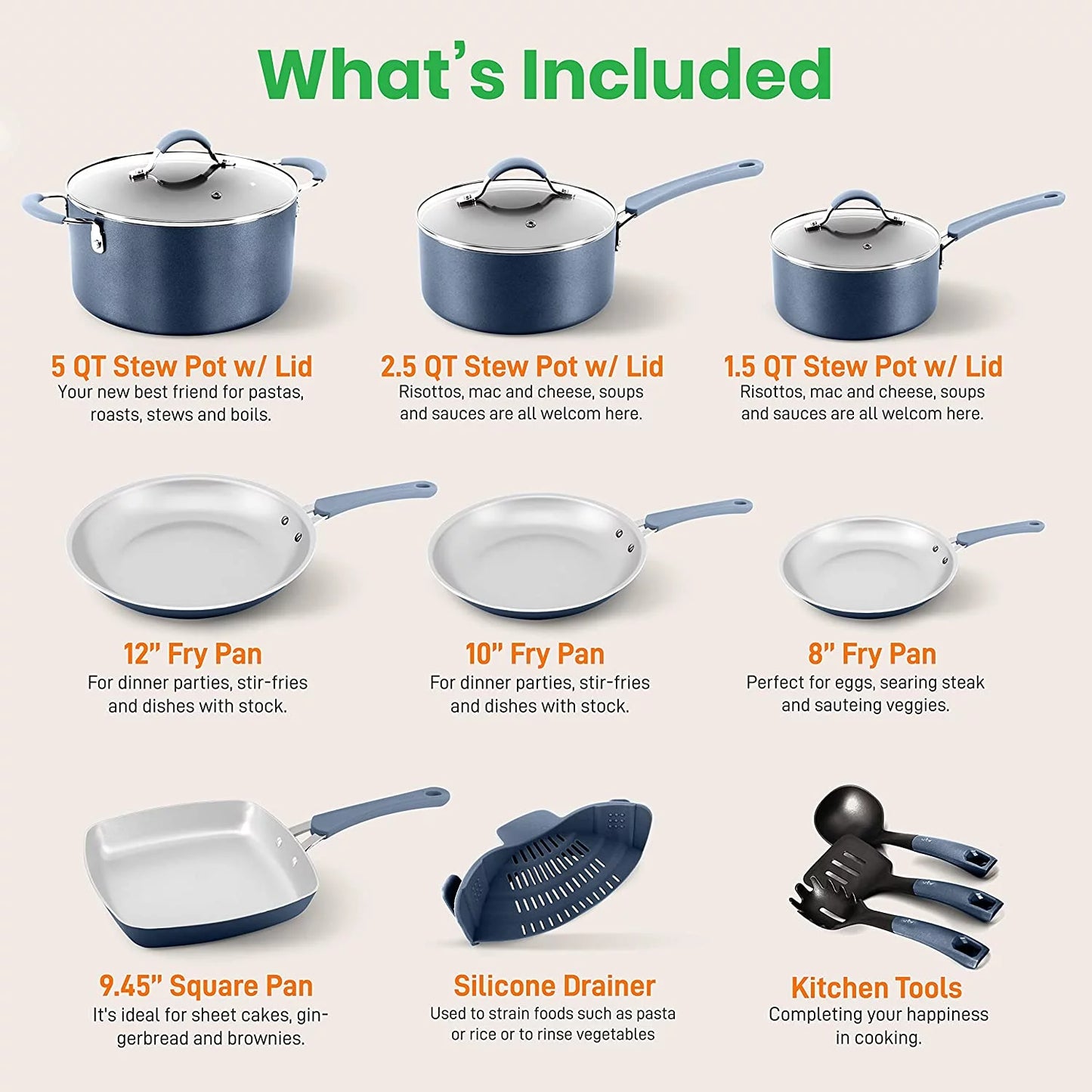VERI HOT Kitchenware Pots & Pans Set – High-Qualified Basic Kitchen Cookware Set, Non-Stick (20-Piece Set)