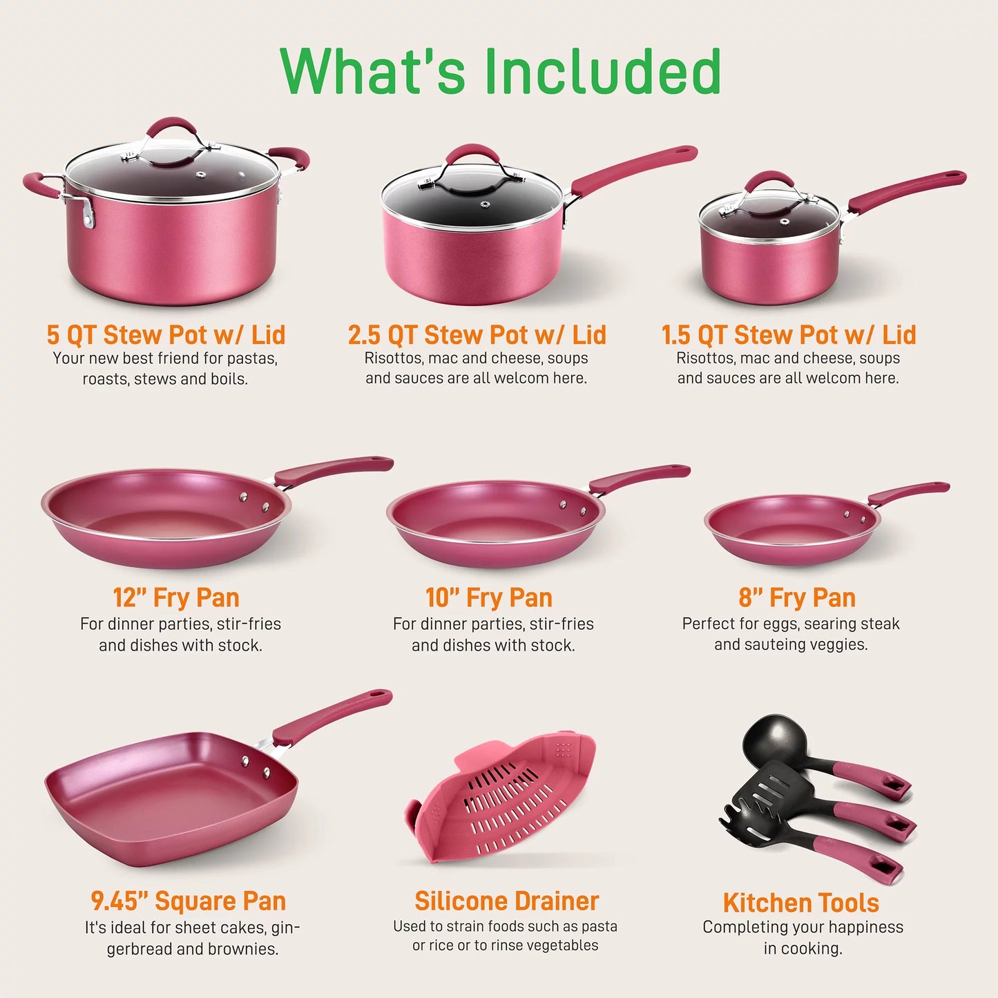 VERIS NICE  Nonstick Cooking Cookware Pots & Pans, 20 Pieces, Marron Pink