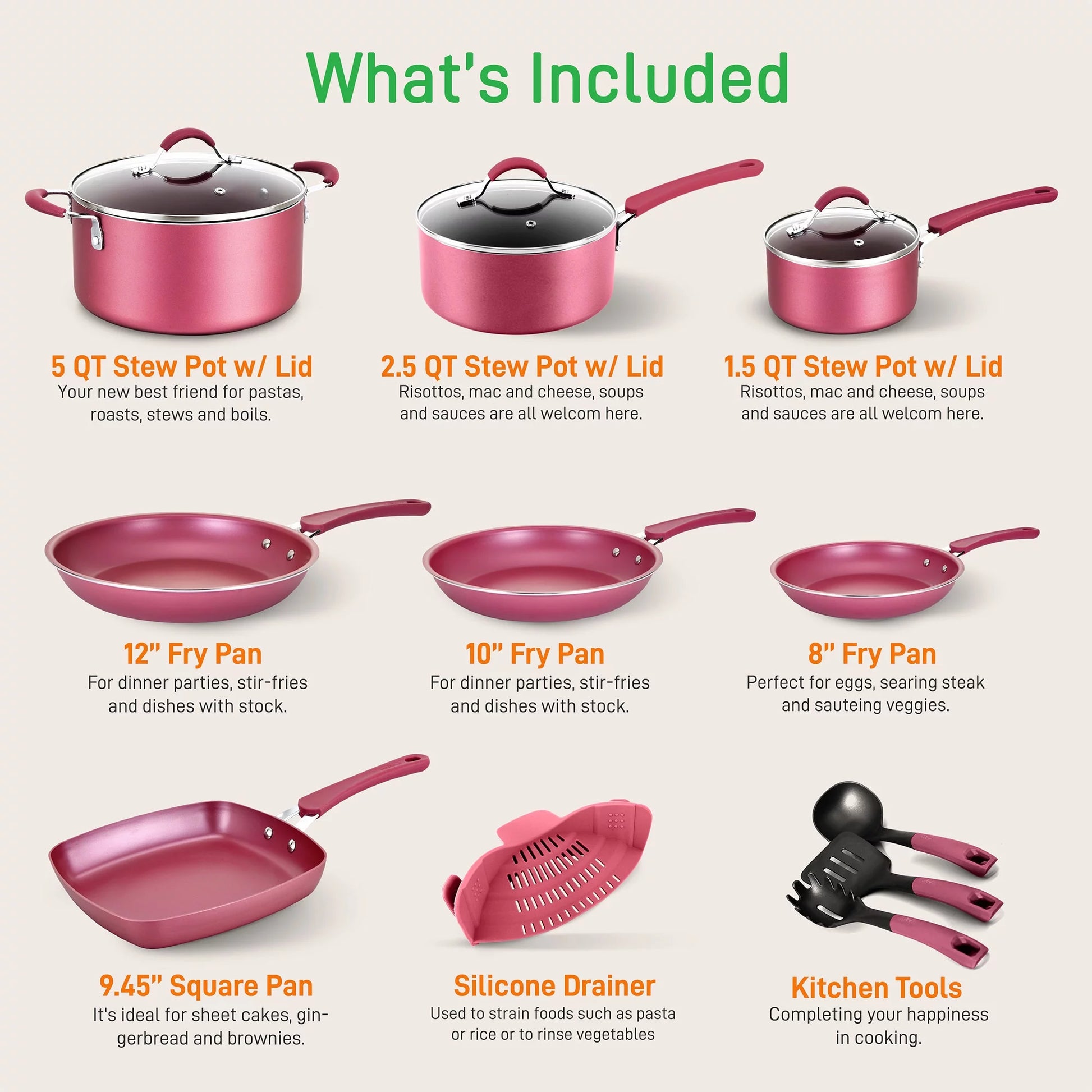 VERIS NICE  Nonstick Cooking Cookware Pots & Pans, 20 Pieces, Marron Pink