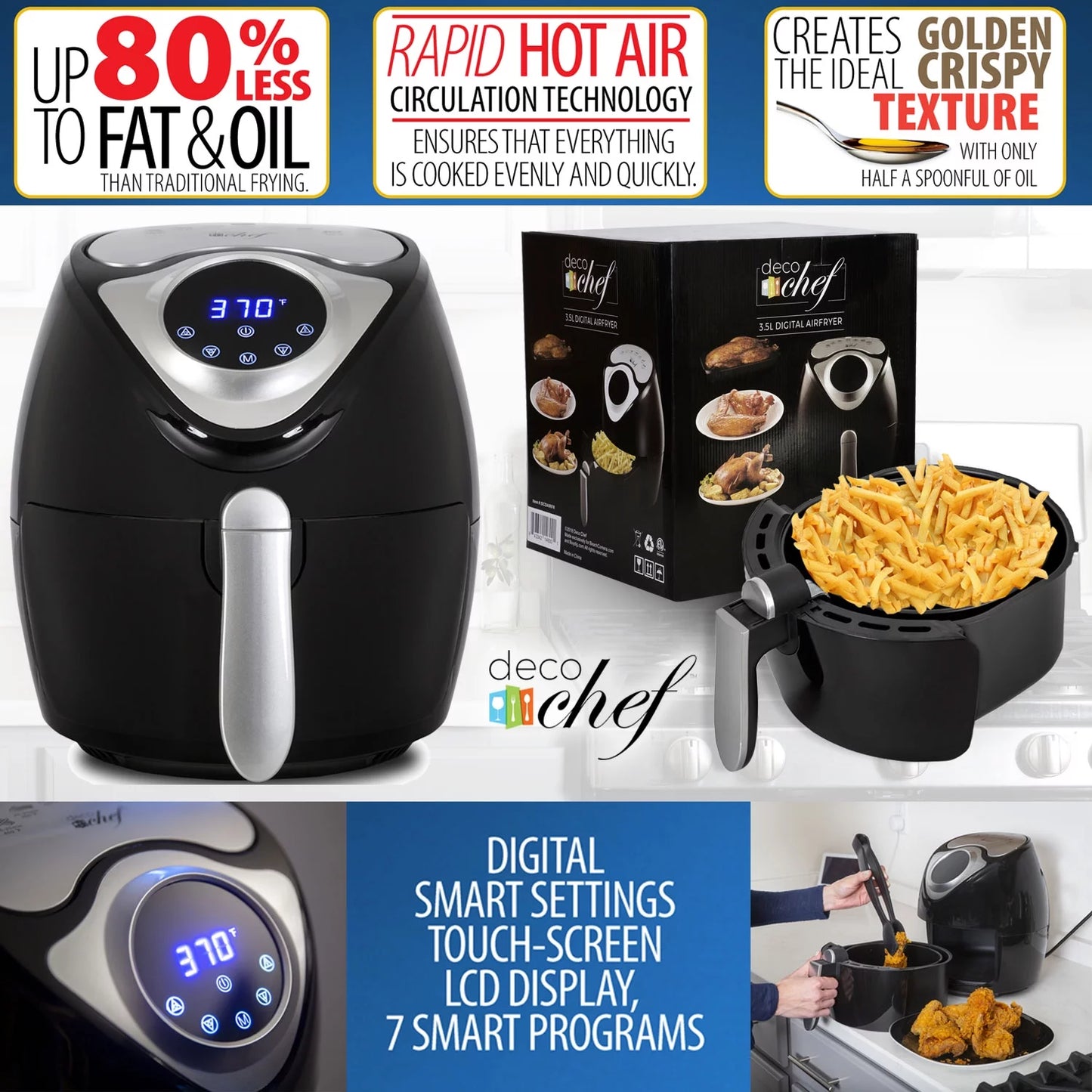 VERIS NICE XL 3.7 QT Digital Air Fryer Cooker with 7 Smart Programs ,Preheat & Shake Remind , LED Touch Screen Oil-Less Non-Stick Coated Basket ,Timer Counter Top , Healthy Kitchen Safe Frying Statio