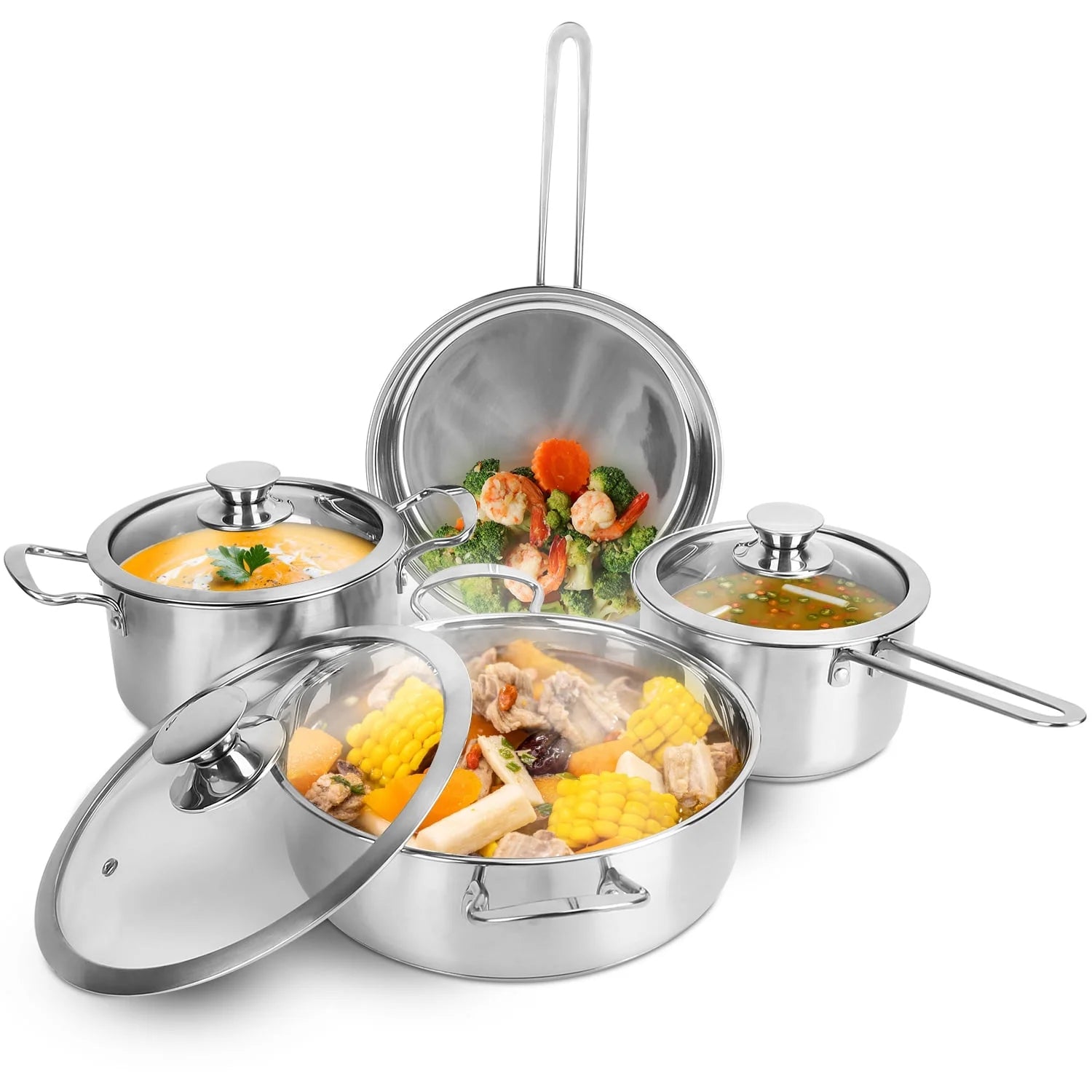 VERIS NICE Pots and Pans Set, 7-Piece, 18/8 Stainless Steel Cookware Set, Includes Saucepan, Skillet, Stockpots, Cooking Set with Glass Lids