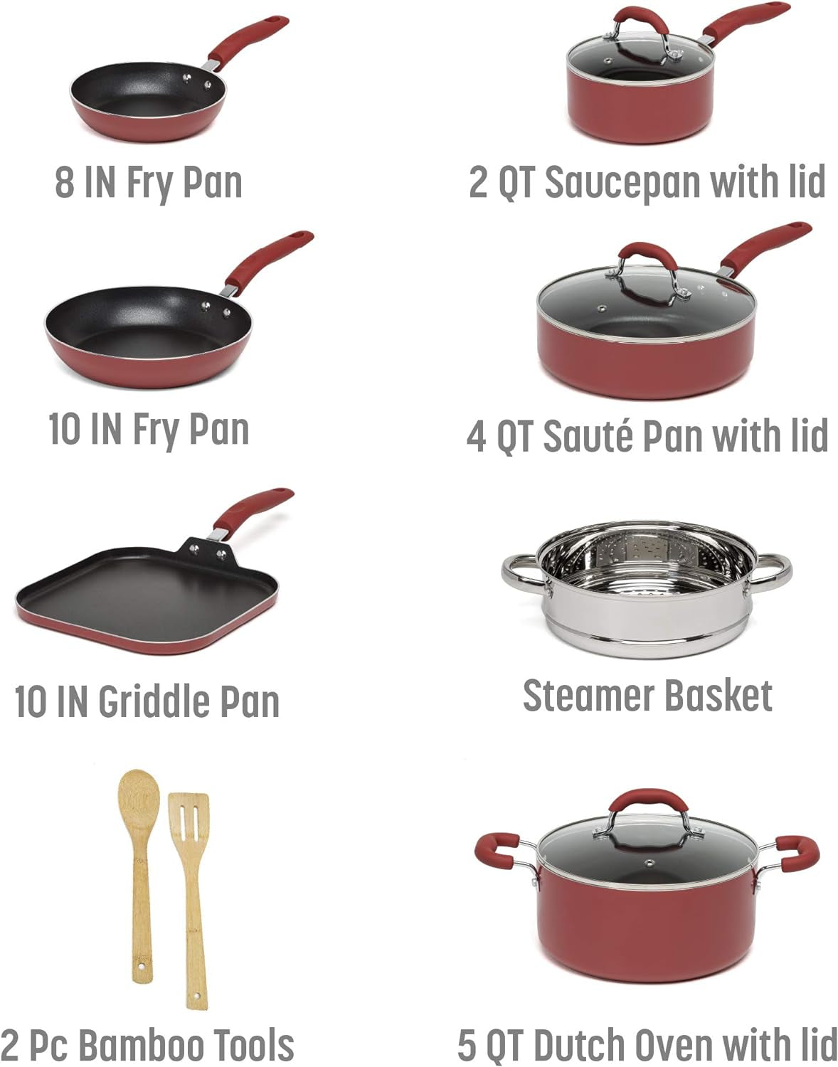 VERIS NICE Premium Nonstick Pots and Pans Set, Diamond Reinforced Non-Stick Coating, Made without PFOA, Dishwasher Safe, 12-Piece, Red