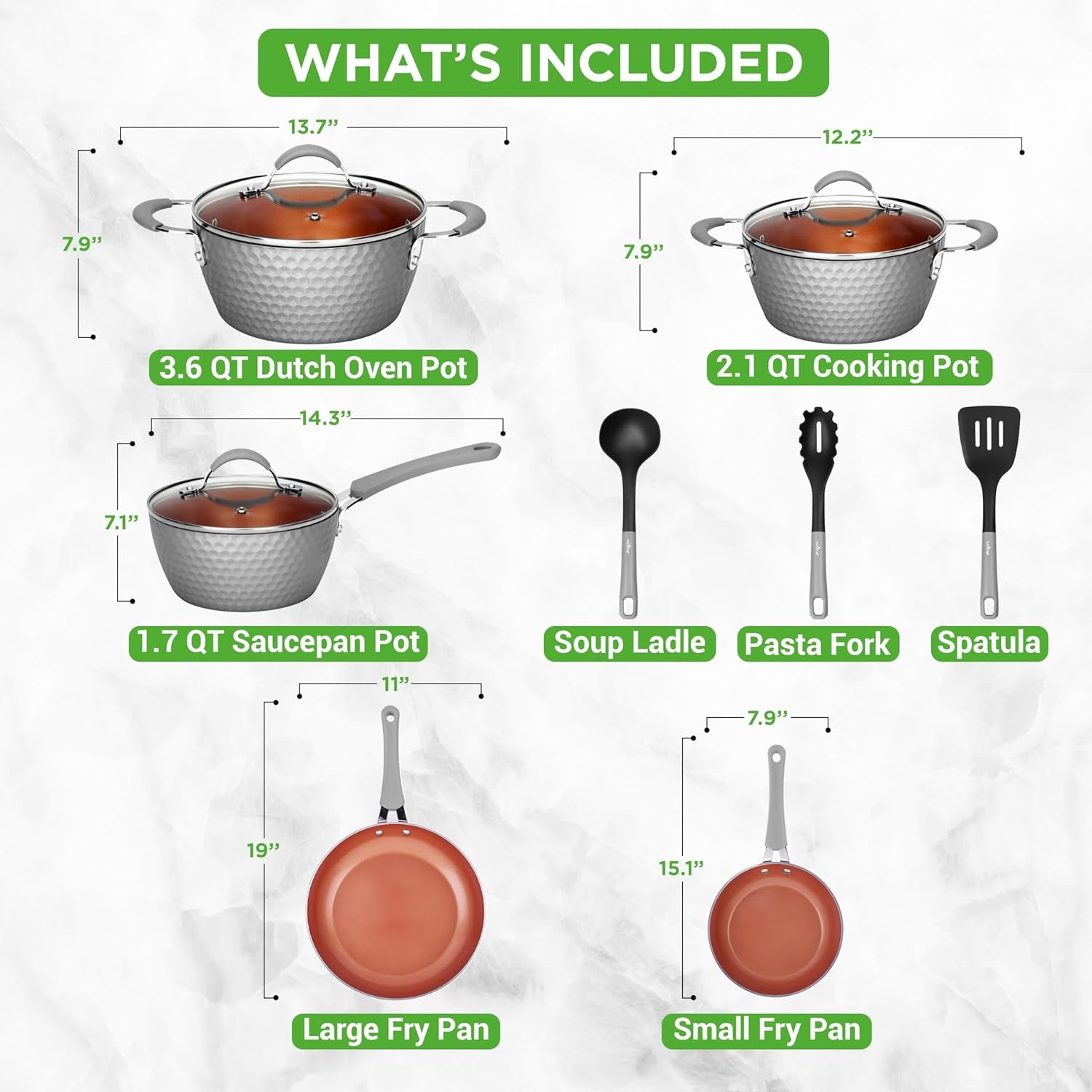 VERI HOT Nonstick Cookware Excilon |Home Kitchen Ware Pots & Pan Set with Saucepan Frying Pans, Cooking Pots, Lids, Utensil PTFE/PFOA/PFOS Free, 11 Pcs, Gray