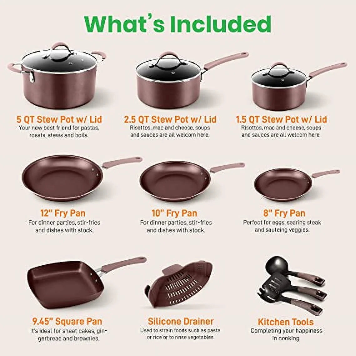 VERI HOT 20Pcs Aluminum Non-Stick Kitchenware Pots & Pans Basic Kitchen Cookware