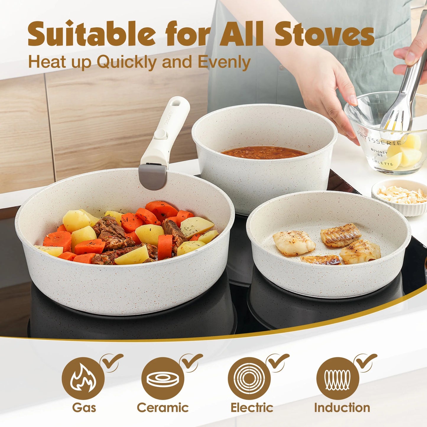 VERI HOT Nonstick Pots and Pans Set with Detachable Handle, 8Pcs Cooking Pots and Pans Set with Removable Handle, Space Saving Cookware Sets, PFOA Free, Dishwasher and Oven Safe