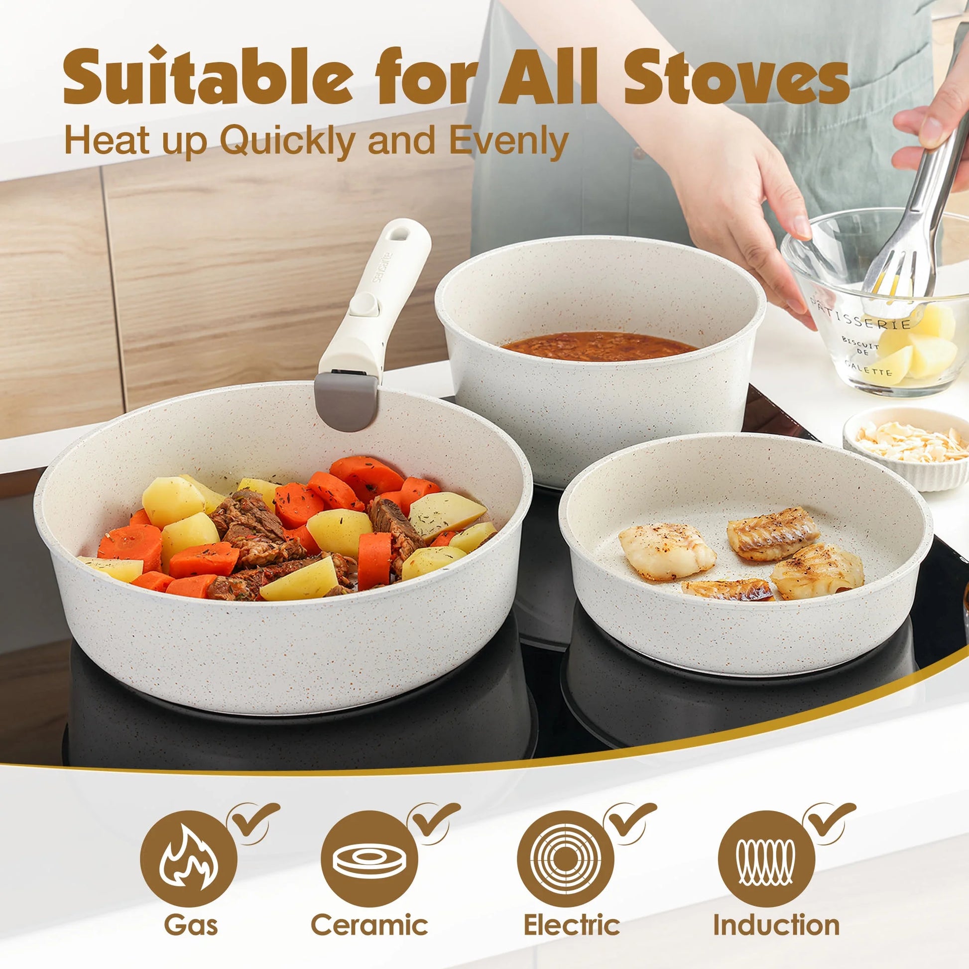 VERI HOT Nonstick Pots and Pans Set with Detachable Handle, 8Pcs Cooking Pots and Pans Set with Removable Handle, Space Saving Cookware Sets, PFOA Free, Dishwasher and Oven Safe