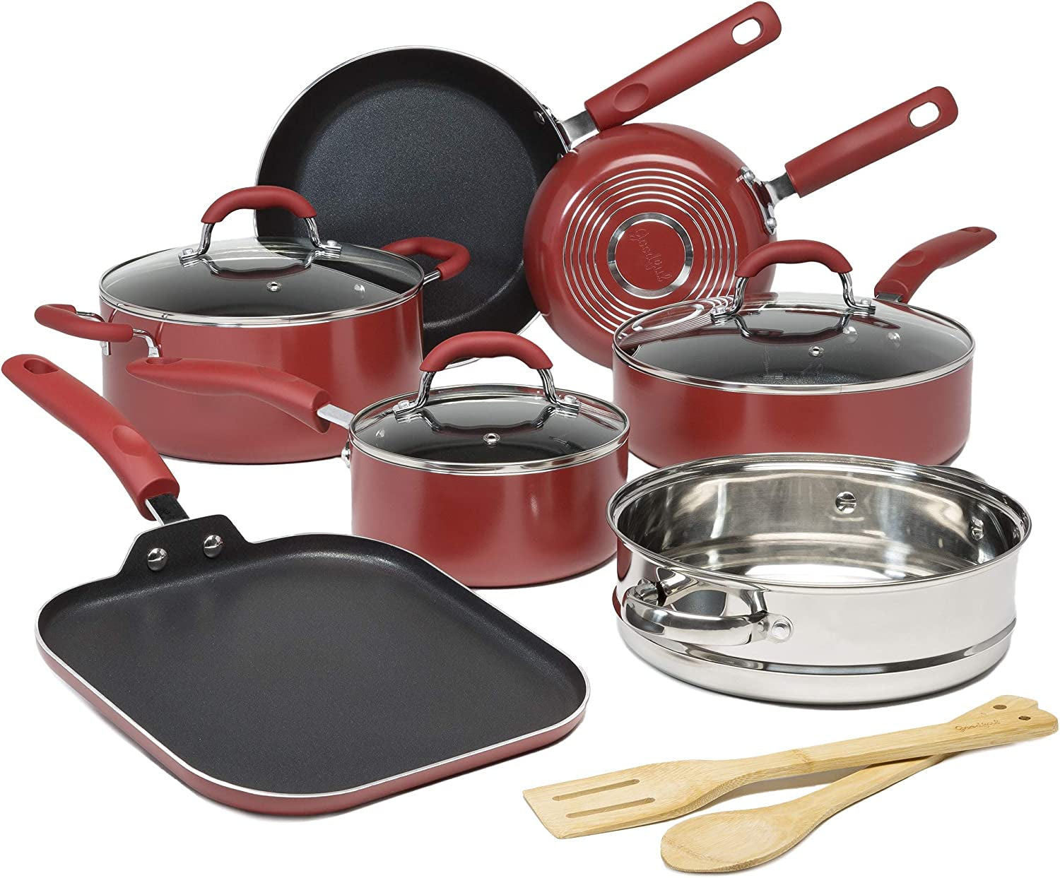 VERIS NICE Premium Nonstick Pots and Pans Set, Diamond Reinforced Non-Stick Coating, Made without PFOA, Dishwasher Safe, 12-Piece, Red