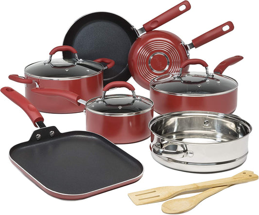 VERIS NICE Premium Nonstick Pots and Pans Set, Diamond Reinforced Non-Stick Coating, Made without PFOA, Dishwasher Safe, 12-Piece, Red