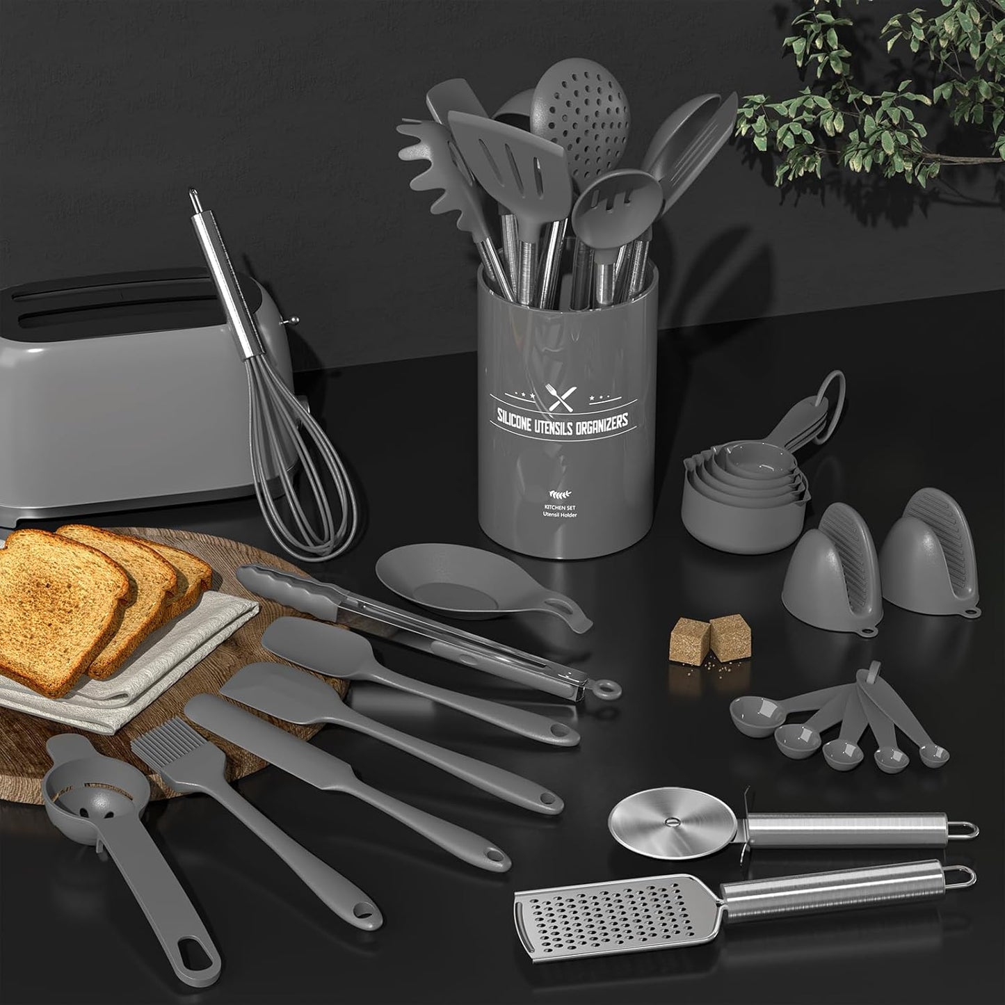 VERI TASTY Silicone Kitchen Cooking Utensil Set, 43 Pcs Silicone Spatula with Stainless Steel Handle, Non-Stick Heat Resistant - Best Cookware (Grey)