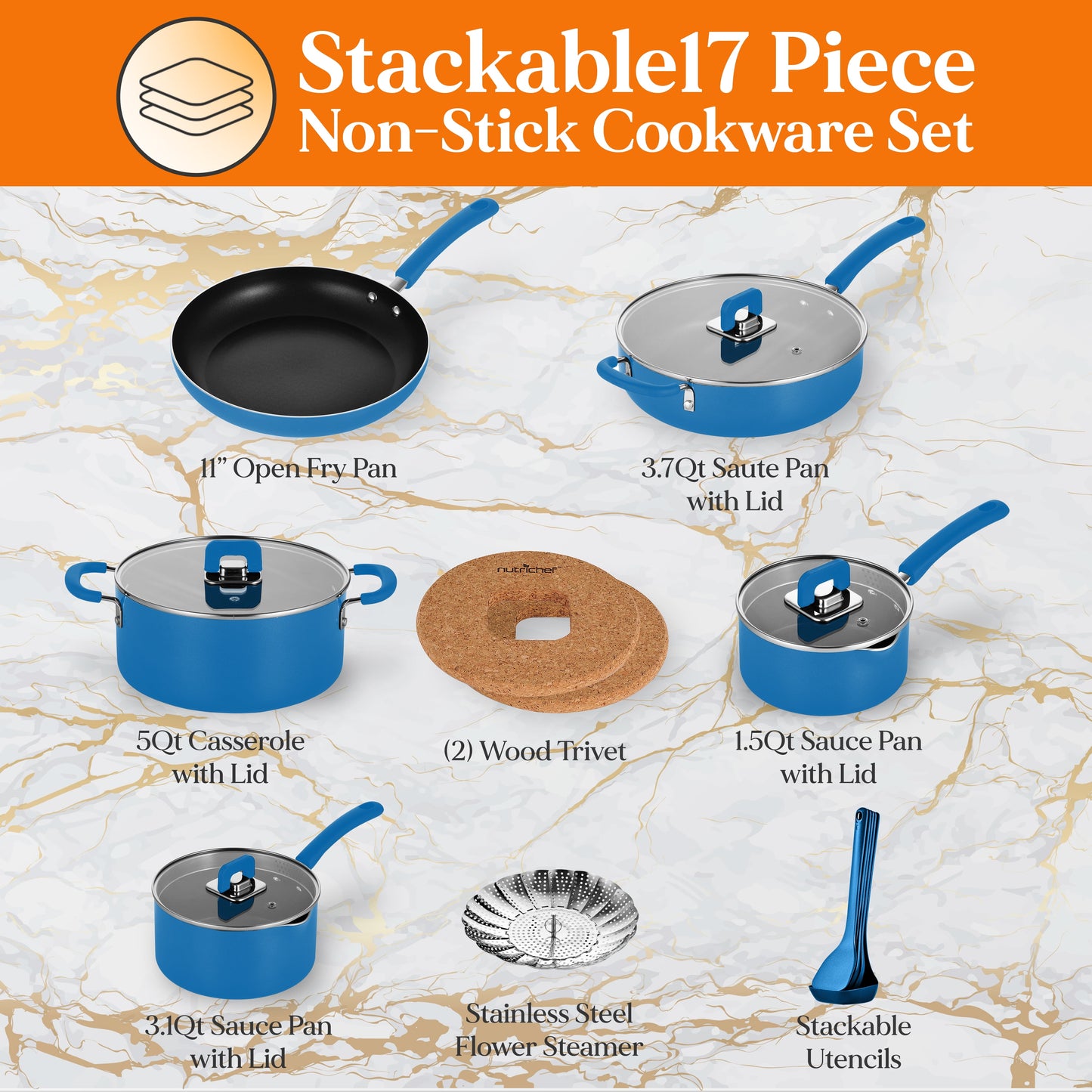 VERI HOT 17 Piece Cookware Set, Non-Stick Pans and Pots with Foldable Knob, Space Saving, Stackable, Nylon Tools Set, Induction Base, Blue