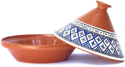 VERI HOT Hand Made and Hand Painted Non-Stick Tagine Pot | Moroccan Ceramic Pots for Cooking and Stew Casserole Slow Cooker (Large, Classic Bohemian Blue)