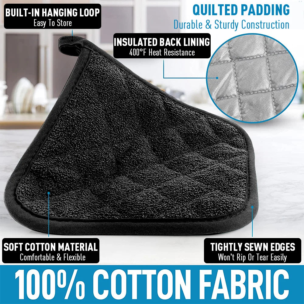 VERI HOT Kitchen Pot Holders Sets Heat Resistant Pot Holder Cotton Oven Hot Pads for Cooking Baking Set of 3 7X7" Black