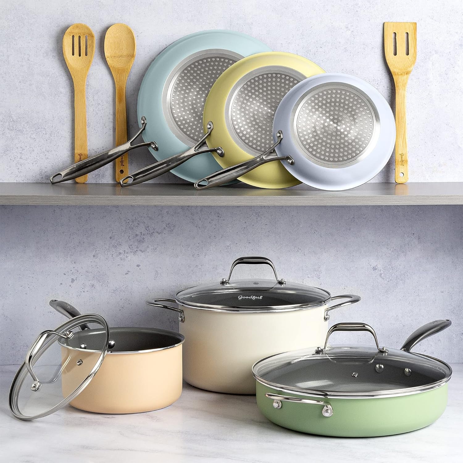 VERIS NICECeramic Nonstick Pots and Pans Set, Titanium-Reinforced Premium Nonstick Coating, Dishwasher Safe Pots and Pans, Tempered Glass Steam Vented Lids, Stainless Steel Handles, 12-Piece, Mulitcolor