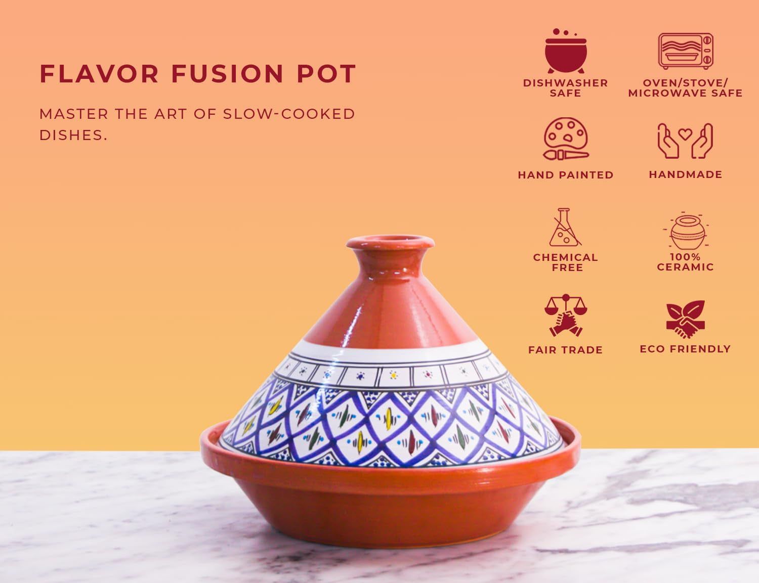 VERI HOT Hand Made and Hand Painted Non-Stick Tagine Pot | Moroccan Ceramic Pots for Cooking and Stew Casserole Slow Cooker (Large, Classic Bohemian Blue)