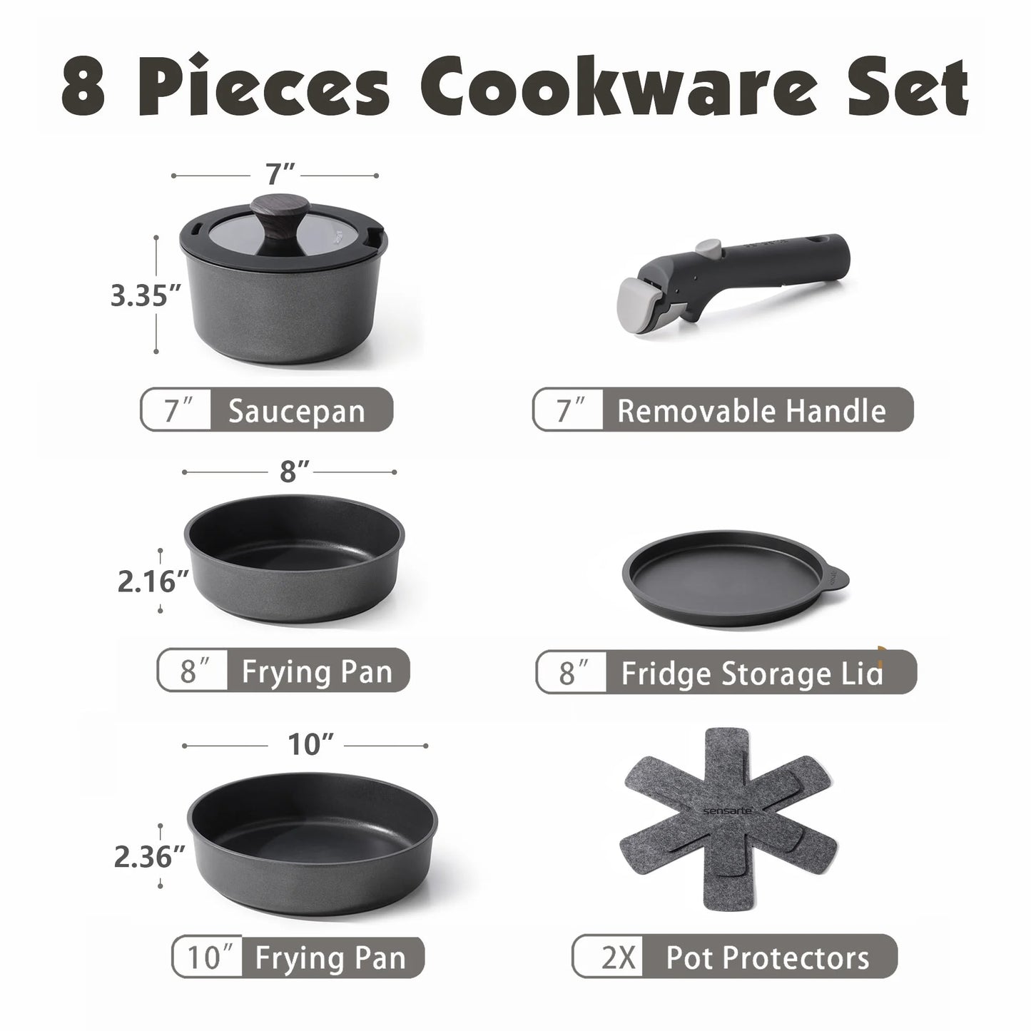 VERI HOT Nonstick Pots and Pans Set with Detachable Handle, 8Pcs Cookware Sets with Removable Handle (Black)