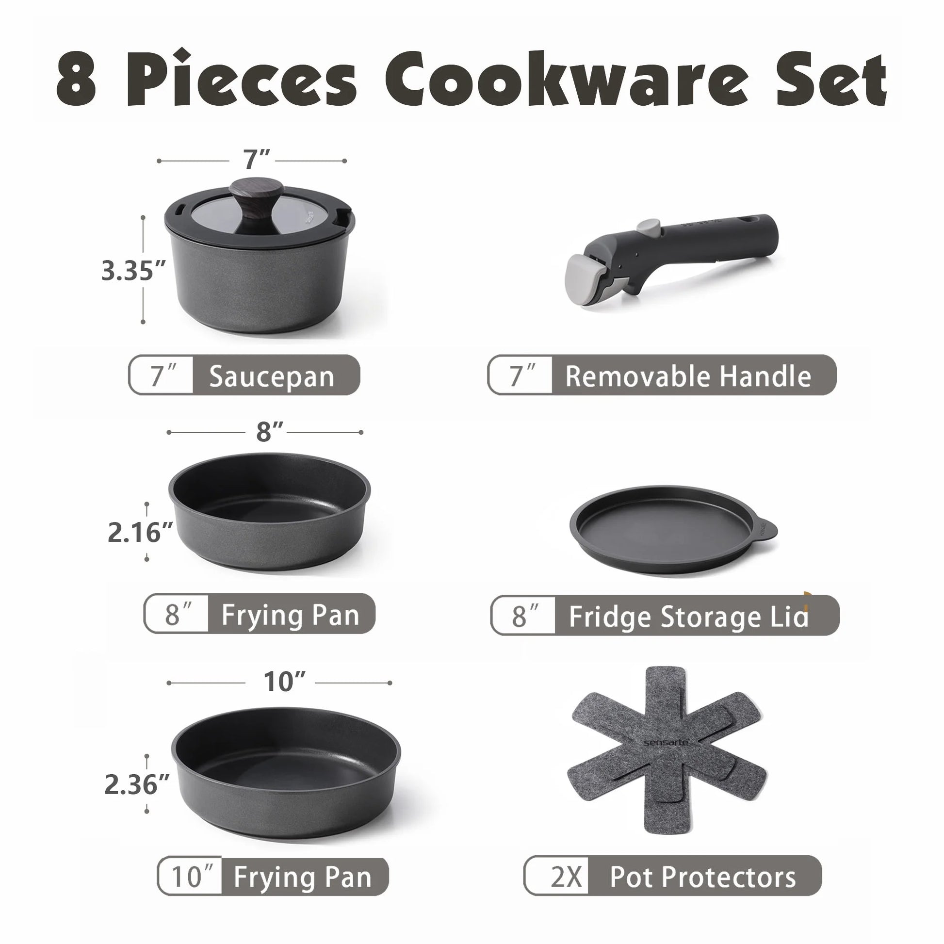 VERI HOT Nonstick Pots and Pans Set with Detachable Handle, 8Pcs Cookware Sets with Removable Handle (Black)