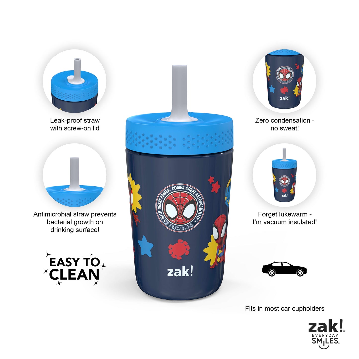 VERI CUTE 12Oz Spidey & Friends Kids Straw Tumbler, Stainless Steel Vacuum Insulated Kincaid Tumbler with Silicone Straw Utilizing Leak-Proof Valve, Travel Straw Tumbler