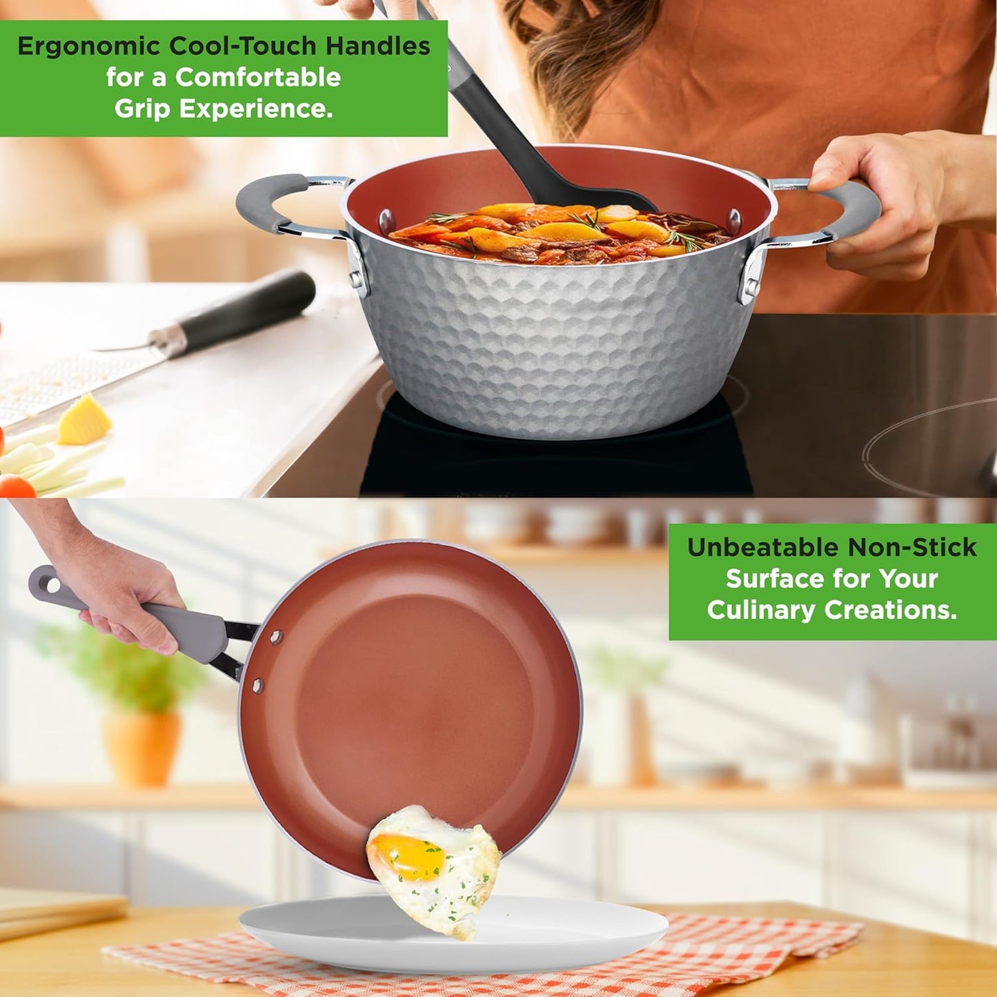 VERI HOT Nonstick Cookware Excilon |Home Kitchen Ware Pots & Pan Set with Saucepan Frying Pans, Cooking Pots, Lids, Utensil PTFE/PFOA/PFOS Free, 11 Pcs, Gray