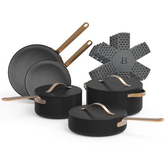 VERI NICE 12Pc Ceramic Non-Stick Cookware Set, Black Sesame by Drew Barrymore
