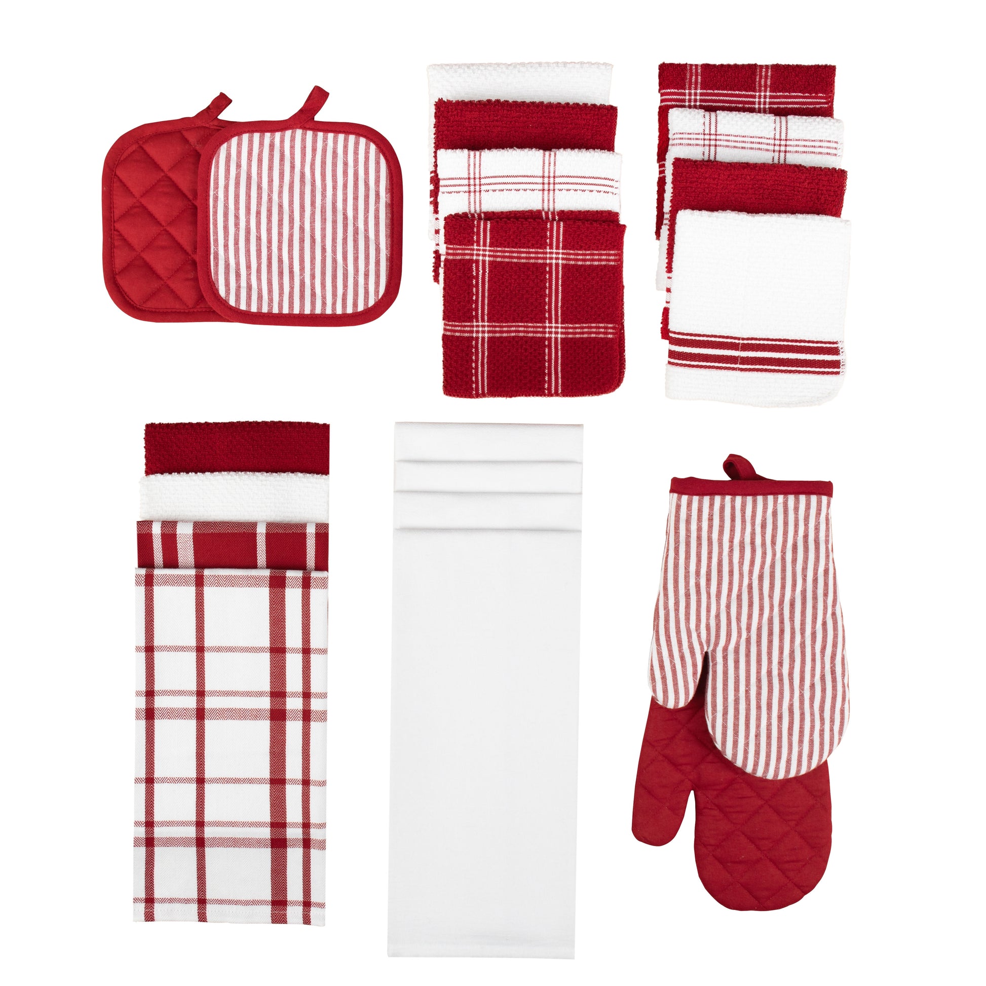 VERI CUTE 20 Piece Set, Terry and Flat Kitchen Towel, Dish Cloth, Flour Sack, Oven Mitt and Pot Holder Set, Red Stripe