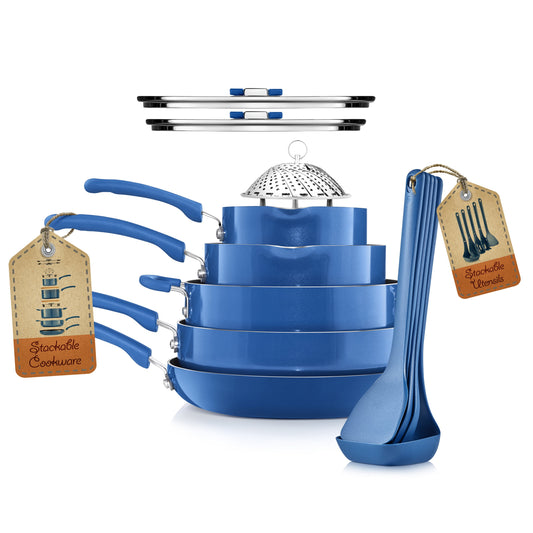 VERI HOT 17 Piece Cookware Set, Non-Stick Pans and Pots with Foldable Knob, Space Saving, Stackable, Nylon Tools Set, Induction Base, Blue