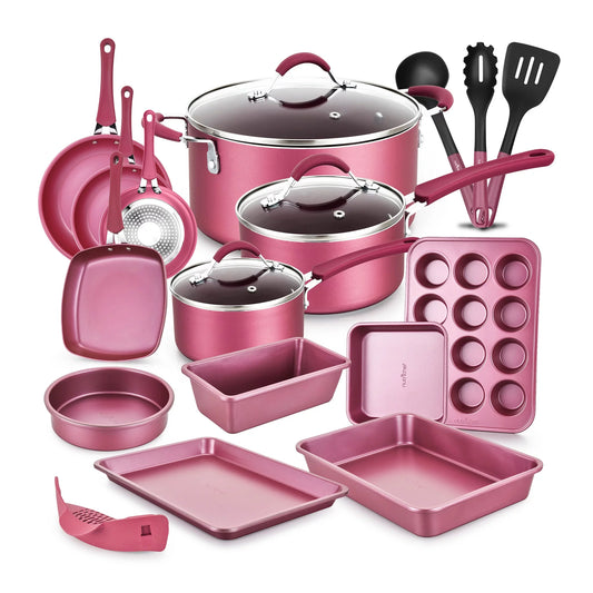 VERIS NICE  Nonstick Cooking Cookware Pots & Pans, 20 Pieces, Marron Pink