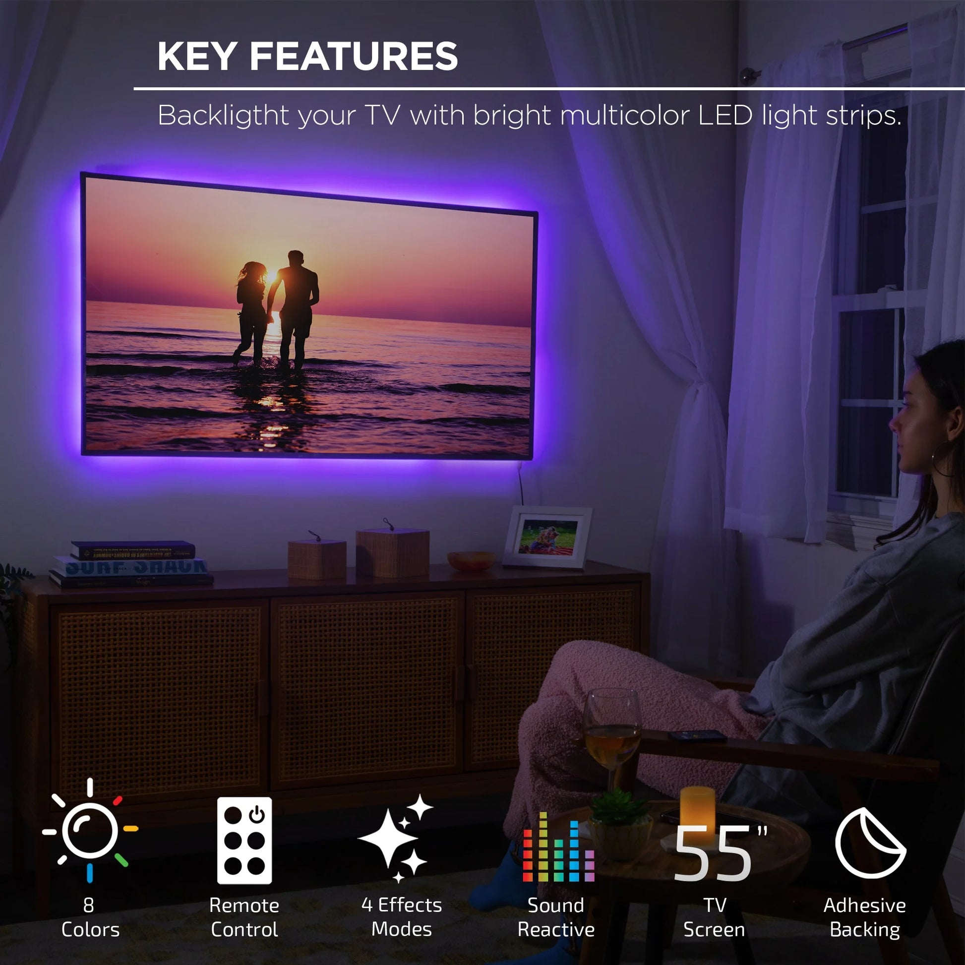 VERI COOLSound Reactive TV Backlight RGB Lighting Dimmable Remote Control Corded Electric