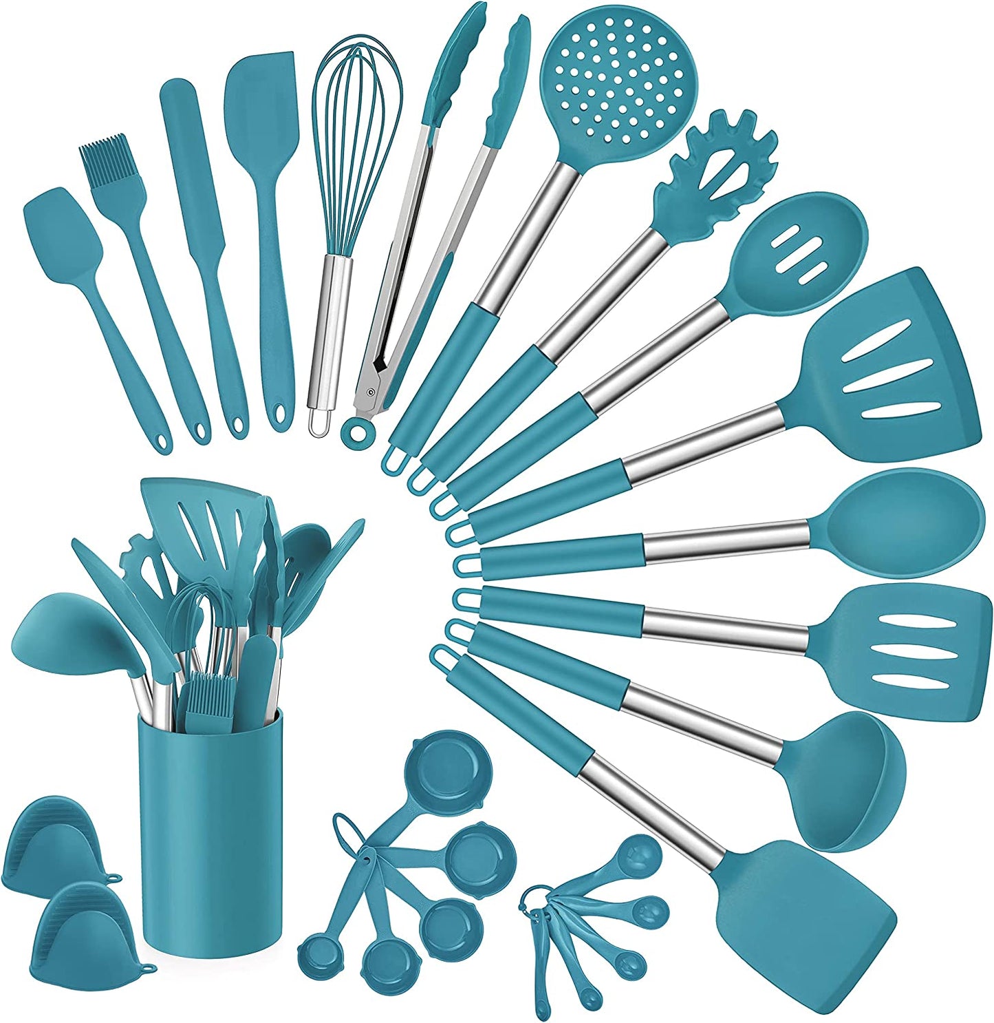 VERI TASTY. 27 Pieces Silicone Cooking Utensils Set with Holder, Kitchen Utensil Sets for Nonstick Cookware, Dark Navy Blue Kitchen Tools Spatula with Stainless Steel Handle, Heat Resistant