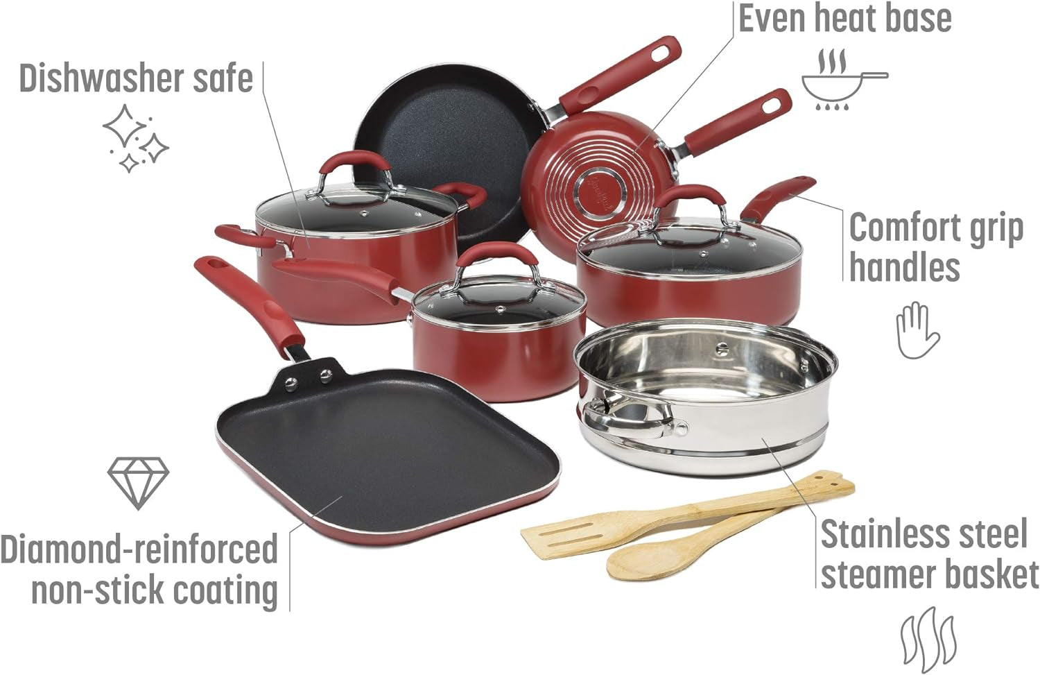 VERIS NICE Premium Nonstick Pots and Pans Set, Diamond Reinforced Non-Stick Coating, Made without PFOA, Dishwasher Safe, 12-Piece, Red