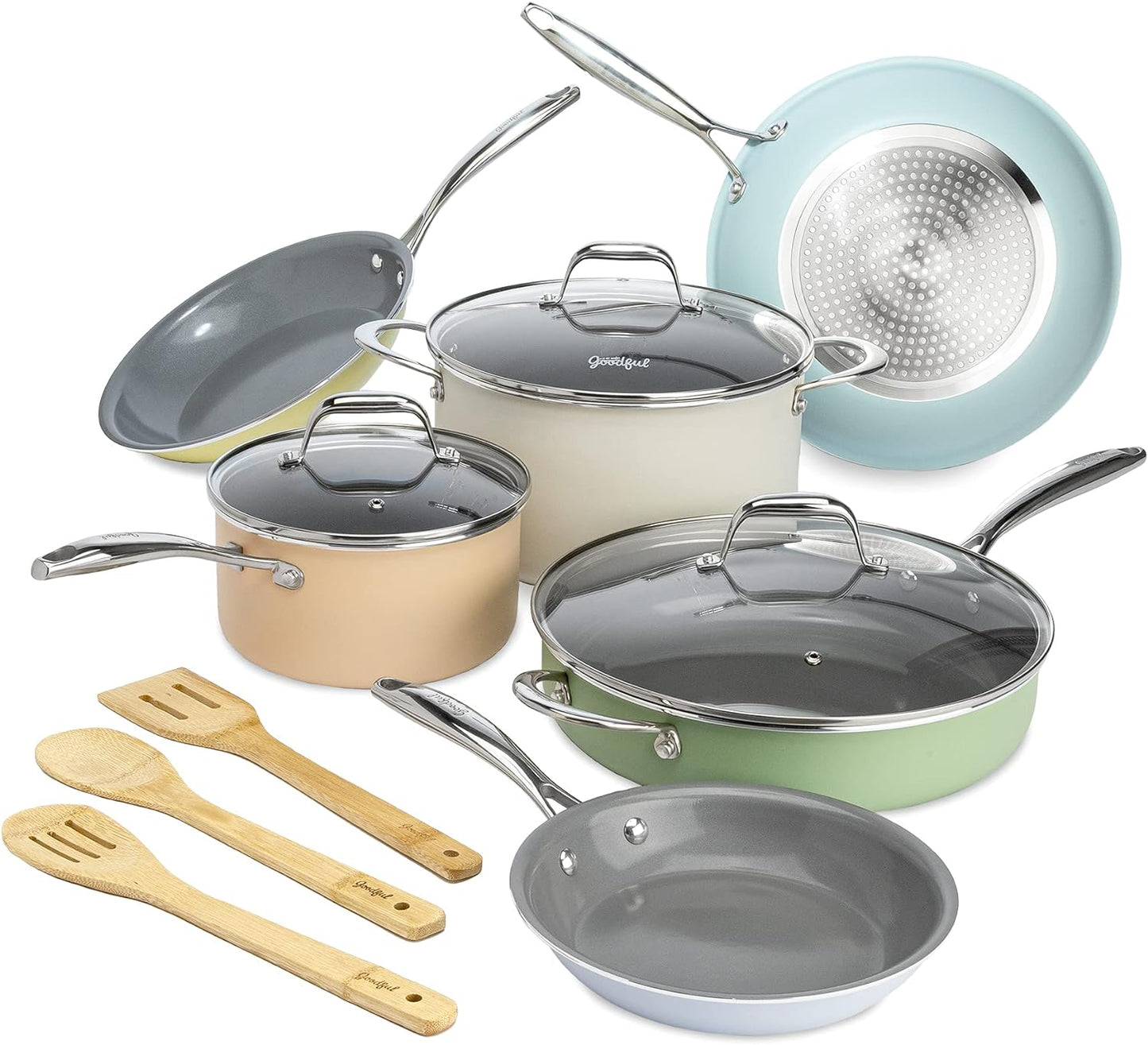 VERIS NICECeramic Nonstick Pots and Pans Set, Titanium-Reinforced Premium Nonstick Coating, Dishwasher Safe Pots and Pans, Tempered Glass Steam Vented Lids, Stainless Steel Handles, 12-Piece, Mulitcolor