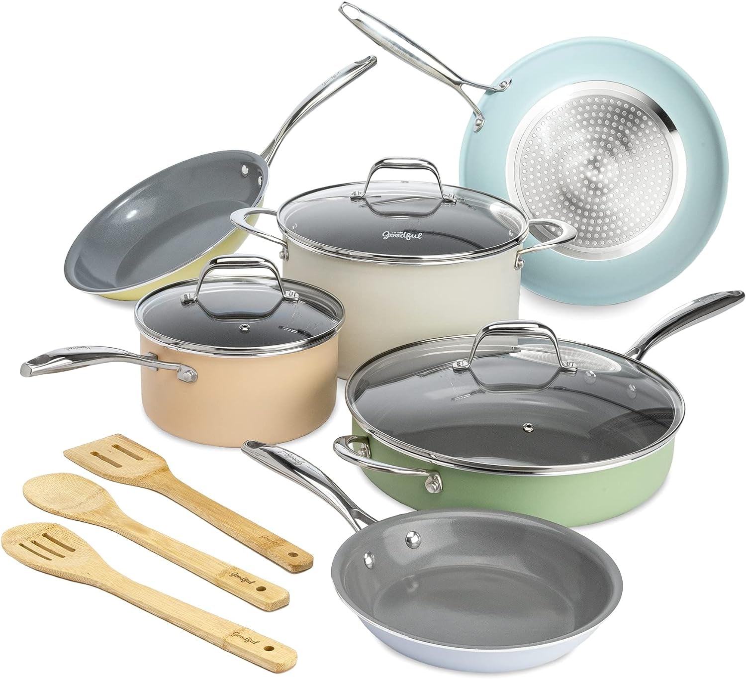 VERIS NICECeramic Nonstick Pots and Pans Set, Titanium-Reinforced Premium Nonstick Coating, Dishwasher Safe Pots and Pans, Tempered Glass Steam Vented Lids, Stainless Steel Handles, 12-Piece, Mulitcolor