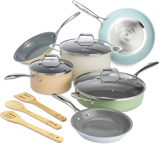 VERIS NICECeramic Nonstick Pots and Pans Set, Titanium-Reinforced Premium Nonstick Coating, Dishwasher Safe Pots and Pans, Tempered Glass Steam Vented Lids, Stainless Steel Handles, 12-Piece, Mulitcolor