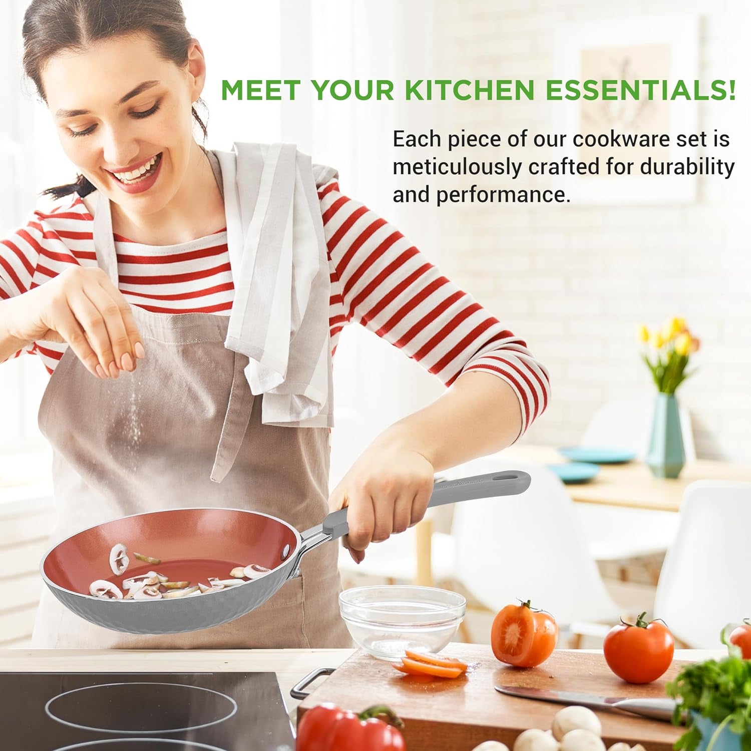 VERI HOT Nonstick Cookware Excilon |Home Kitchen Ware Pots & Pan Set with Saucepan Frying Pans, Cooking Pots, Lids, Utensil PTFE/PFOA/PFOS Free, 11 Pcs, Gray