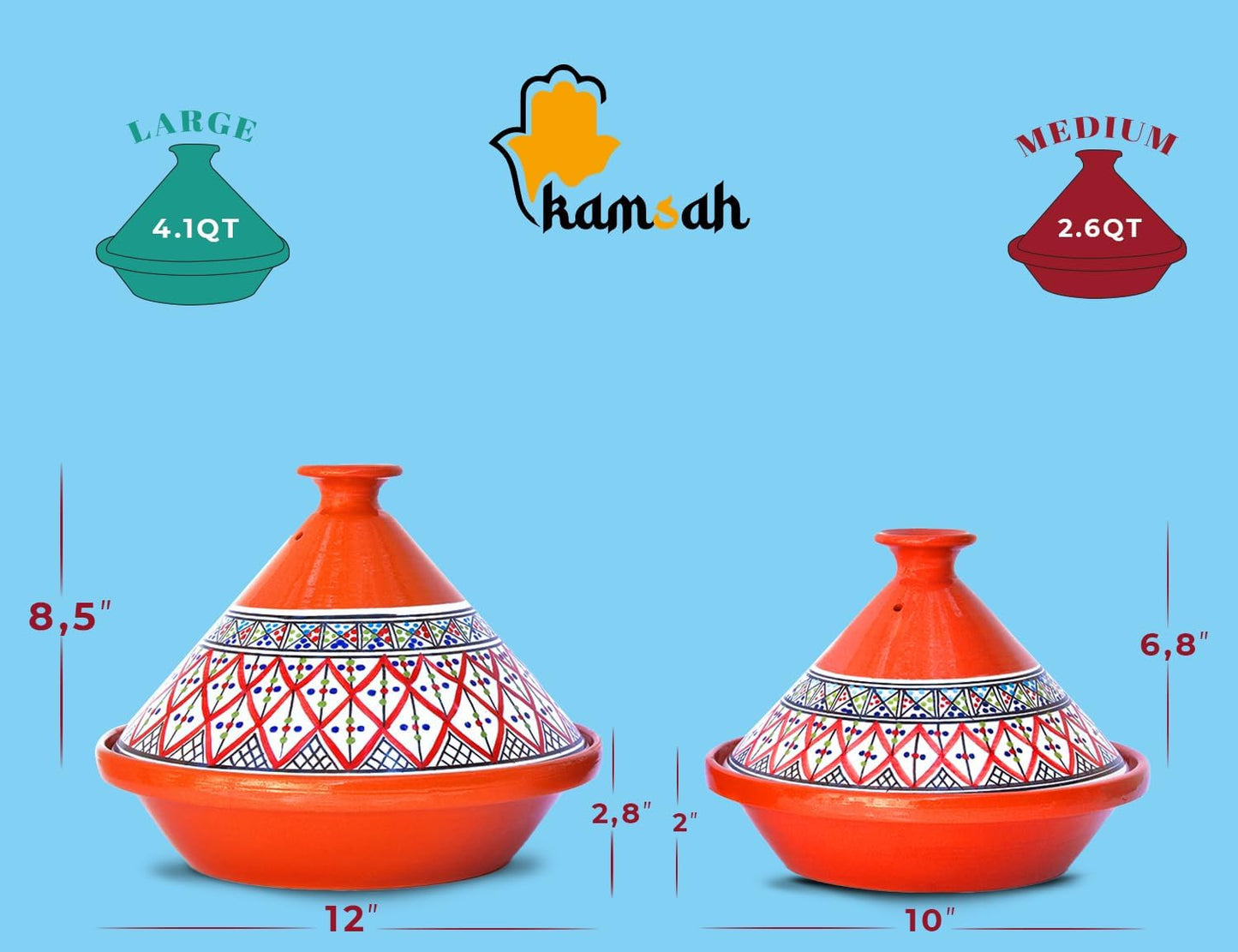 VERI HOT Bohemian Classic Tagine - Large Red Ceramic Cooking Pot, Handcrafted, Non-Stick