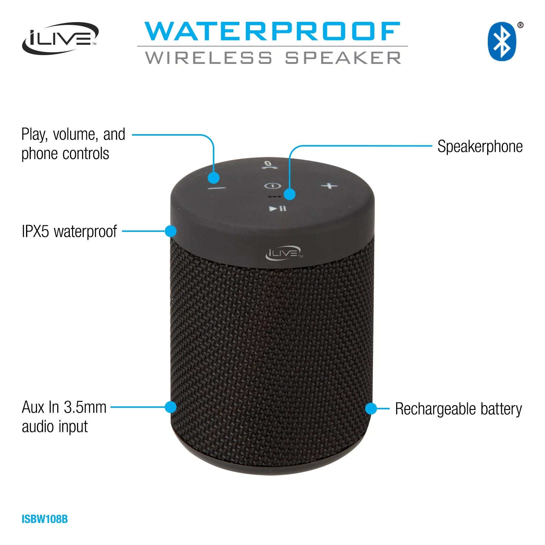 VERI CLEAR  ISBW108 Waterproof Fabric Wireless Bluetooth Speaker - Black