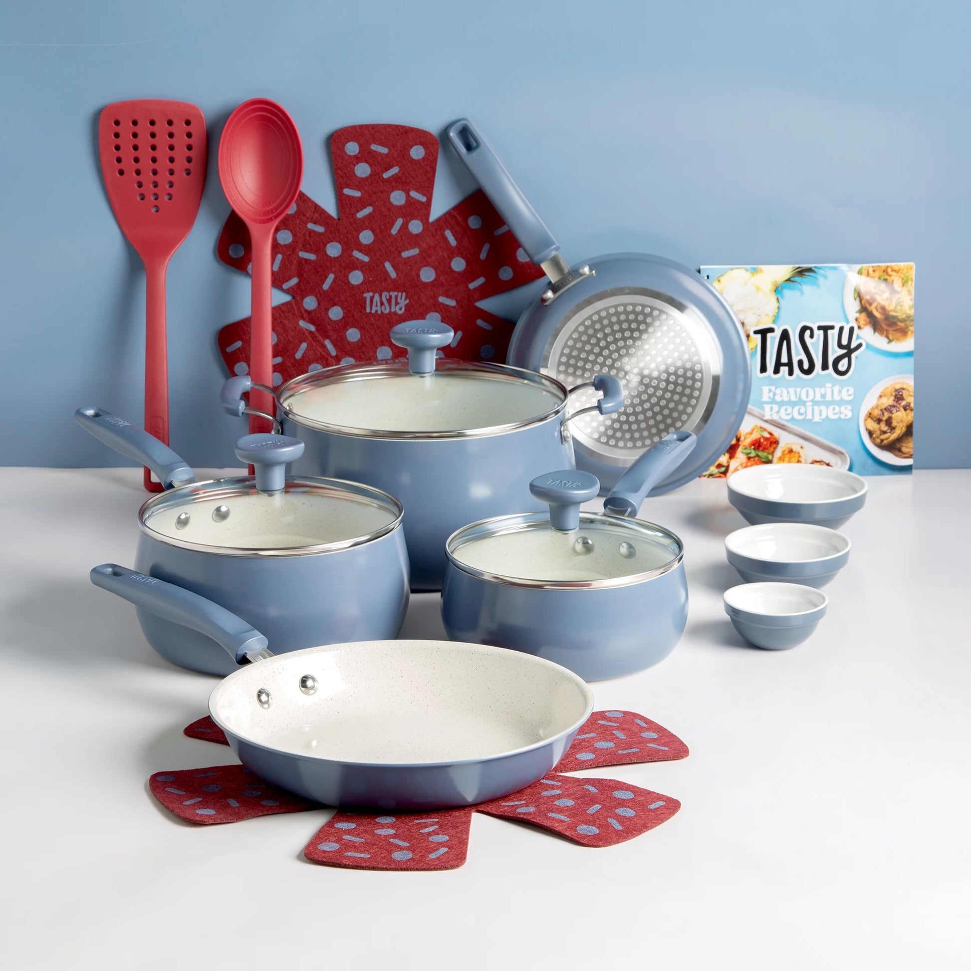 VERIS NICE Clean Ceramic 16 Piece Non-Stick Aluminum Cookware Set, Slate Blue
