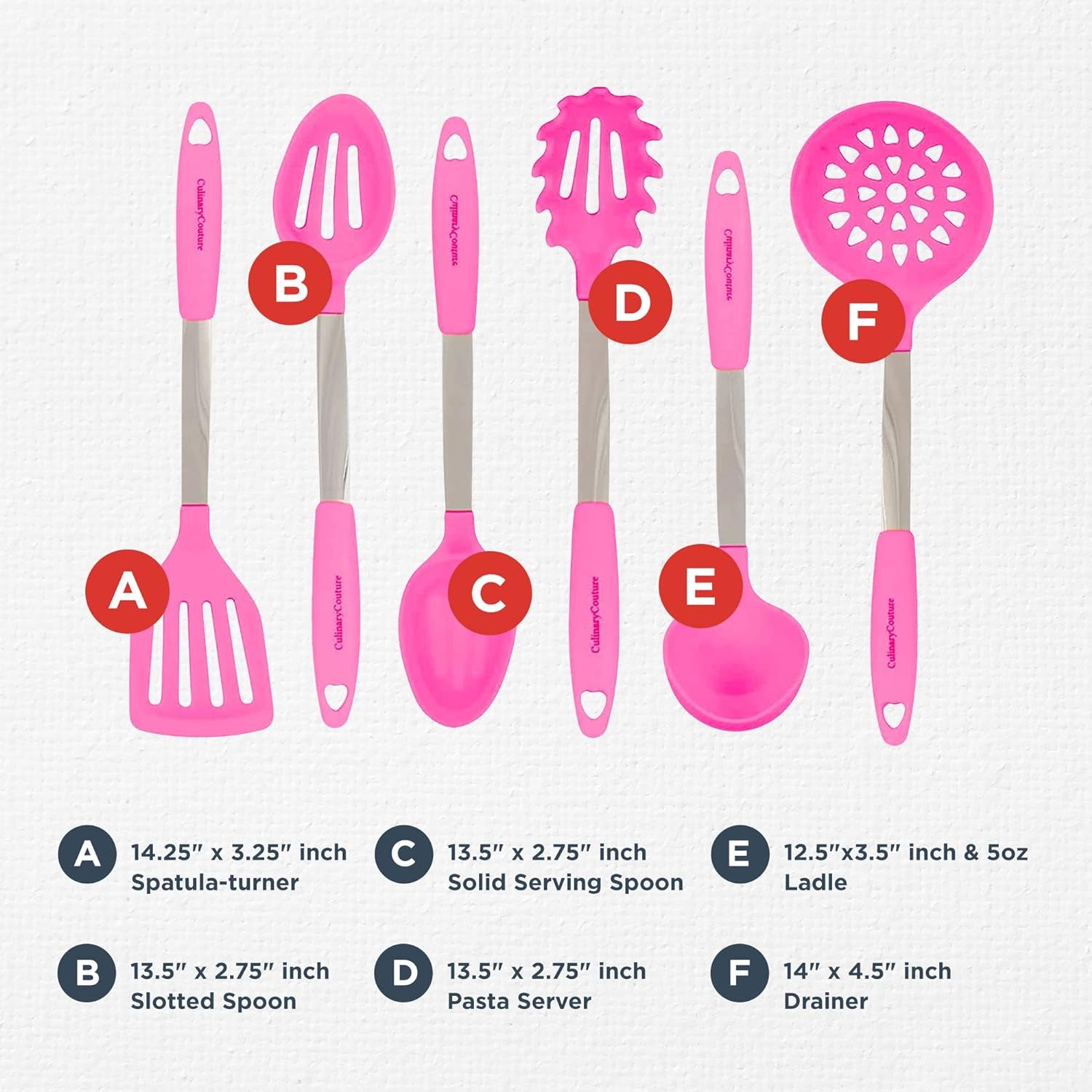 VERIS TASTI. 6-Piece Stainless Steel & Silicone Kitchen Utensils Set, Silicone Cooking Utensils, Heat Resistant Kitchen Cooking Utensils Set, Pink
