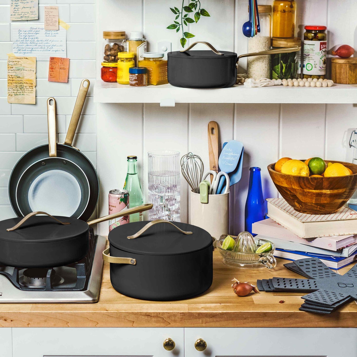 VERI NICE 12Pc Ceramic Non-Stick Cookware Set, Black Sesame by Drew Barrymore