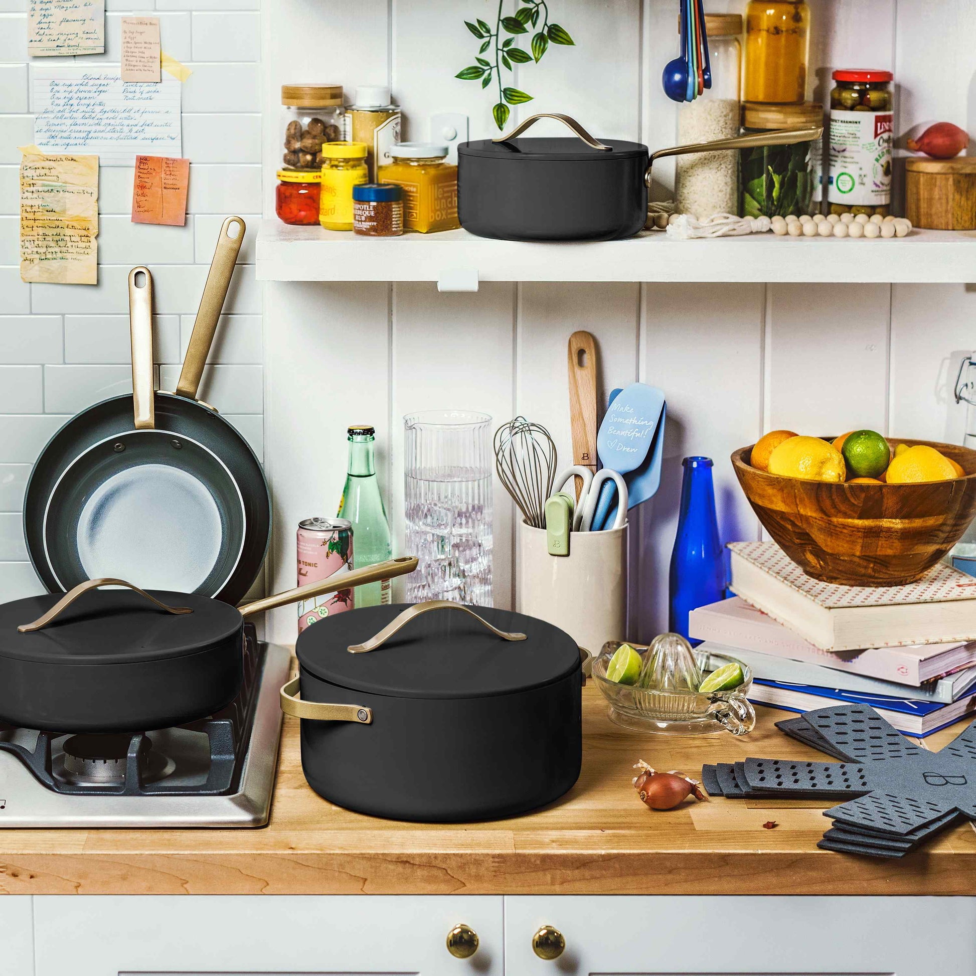 VERI NICE 12Pc Ceramic Non-Stick Cookware Set, Black Sesame by Drew Barrymore