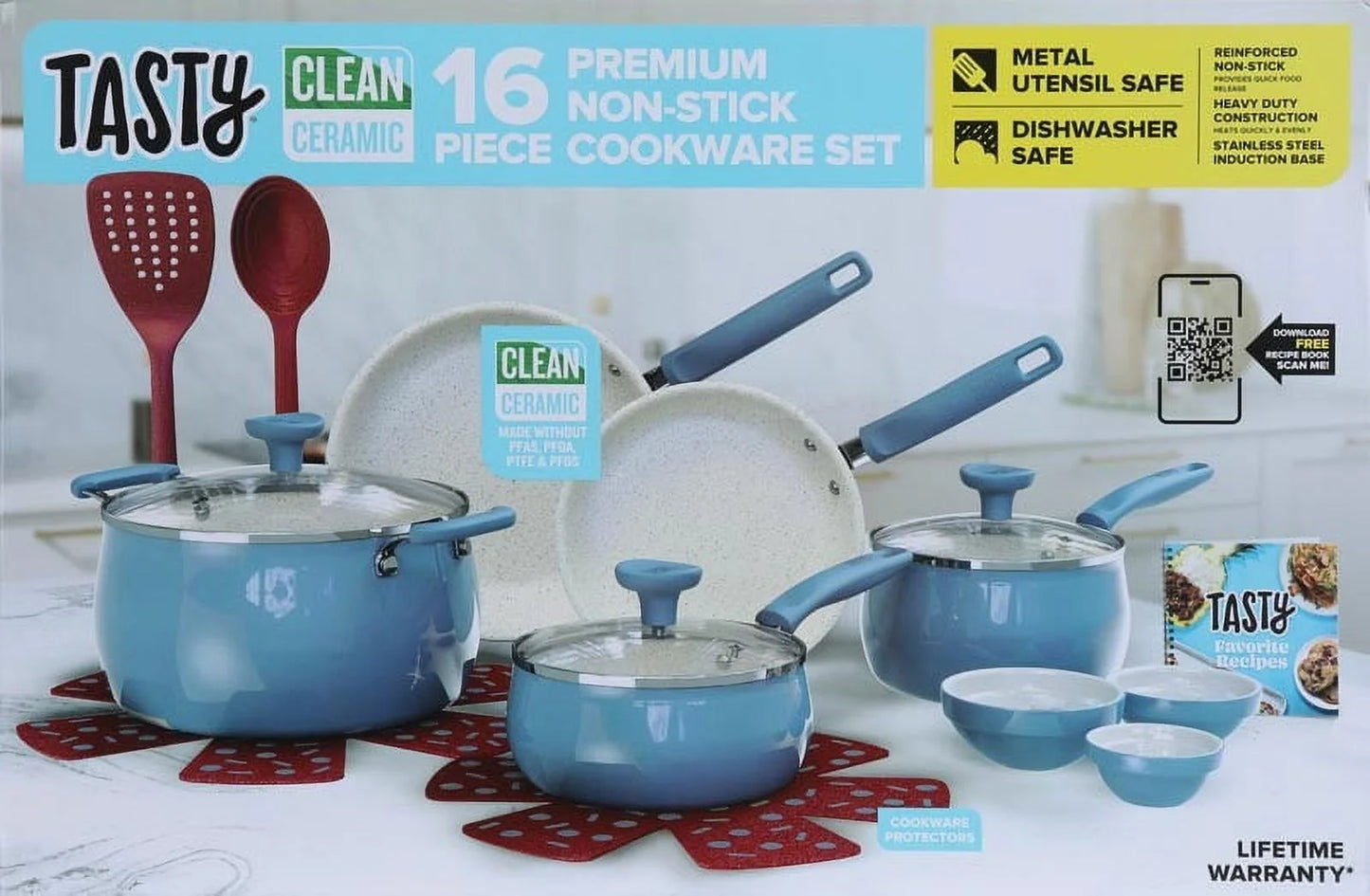 VERIS NICE Clean Ceramic 16 Piece Non-Stick Aluminum Cookware Set, Slate Blue