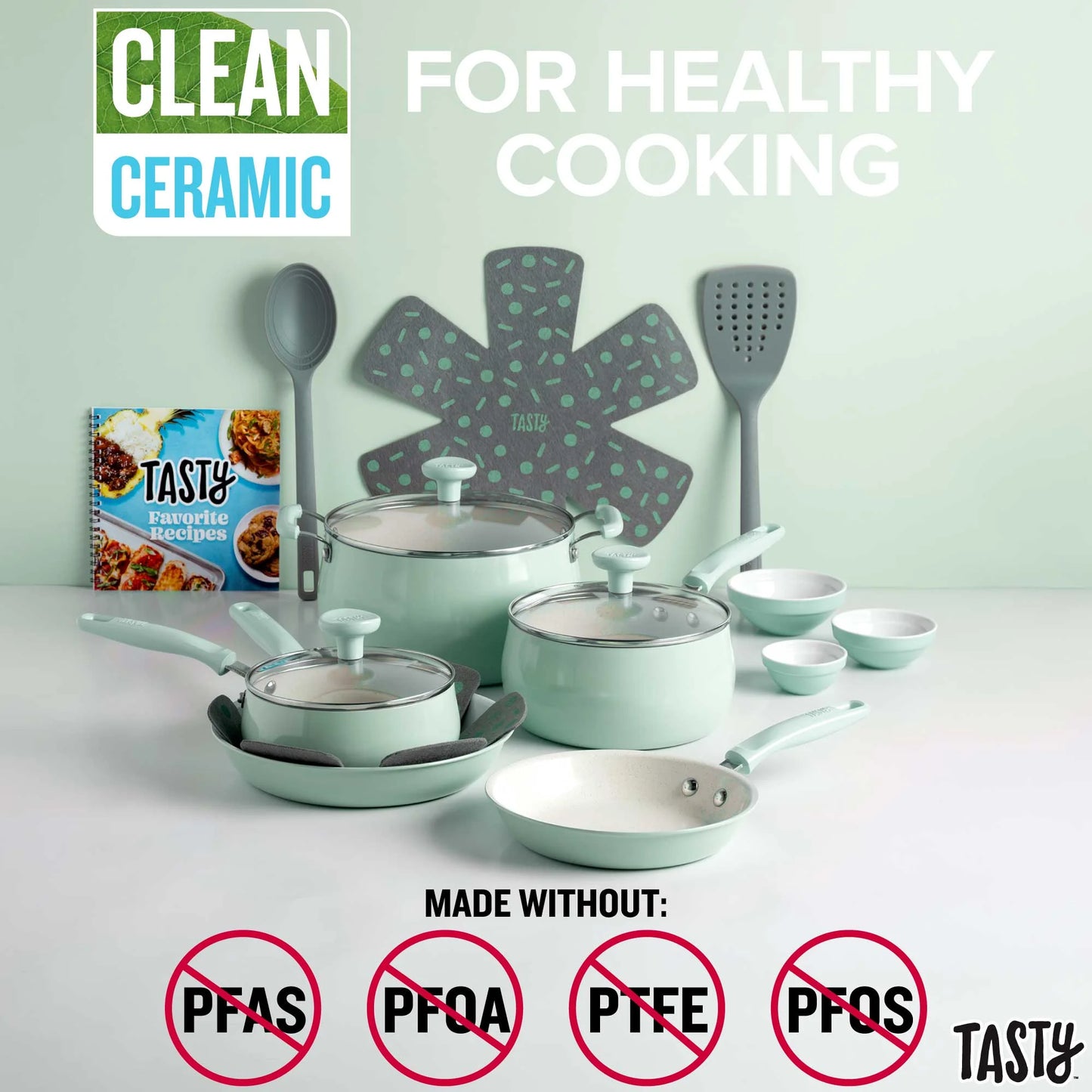 VERIS NICE Clean Ceramic 16 Piece Non-Stick Aluminum Cookware Set, Sage Green