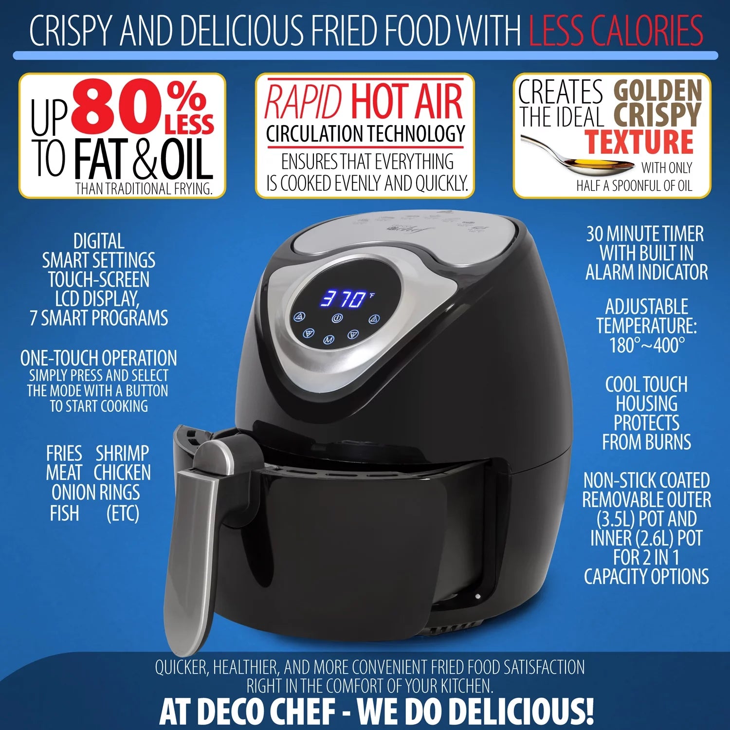 VERIS NICE XL 3.7 QT Digital Air Fryer Cooker with 7 Smart Programs ,Preheat & Shake Remind , LED Touch Screen Oil-Less Non-Stick Coated Basket ,Timer Counter Top , Healthy Kitchen Safe Frying Statio
