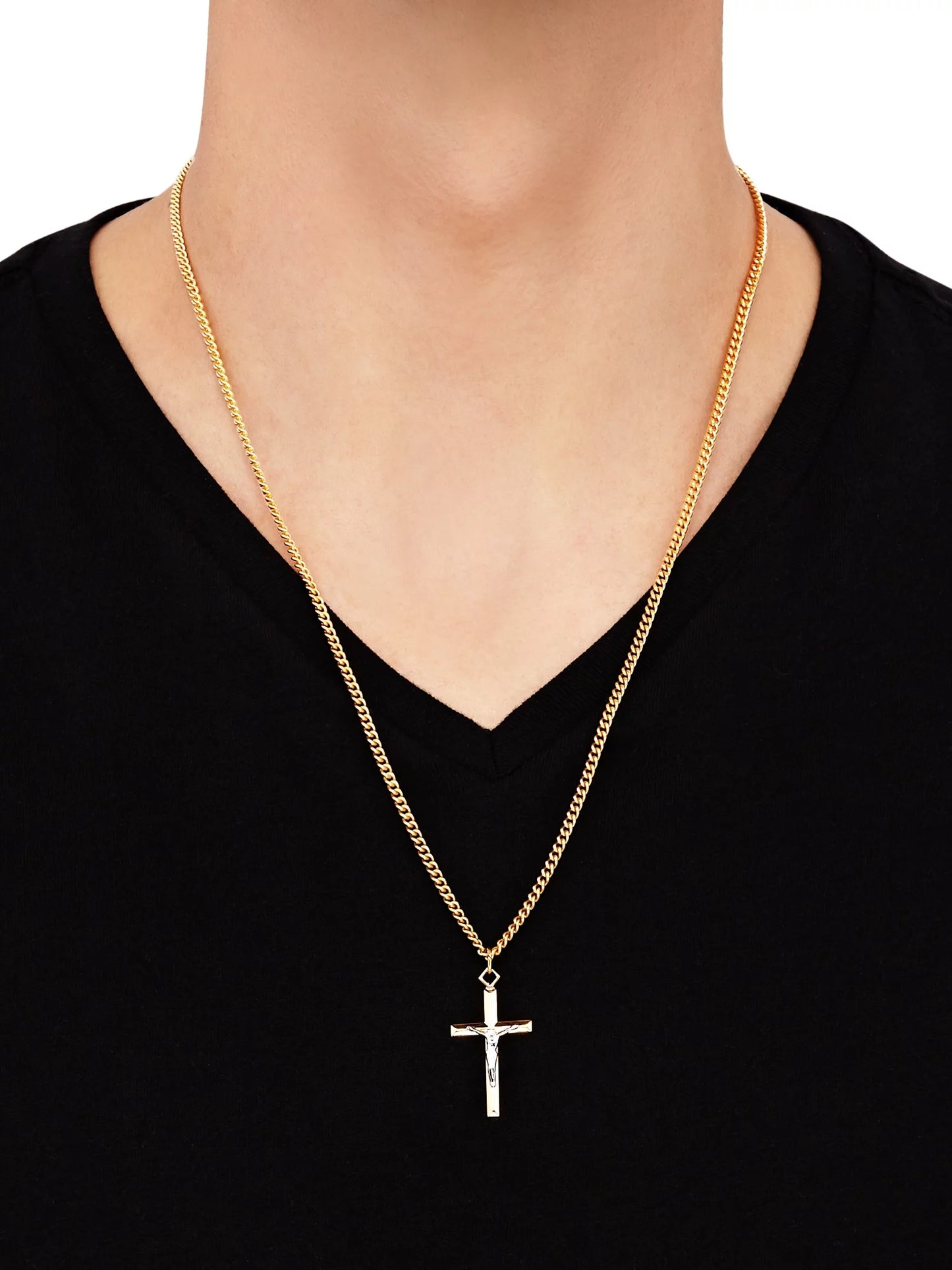 VERI HOLY. Stainless Steel Gold-Filled and Rhodium Crucifix Pendant, 24" Necklace
