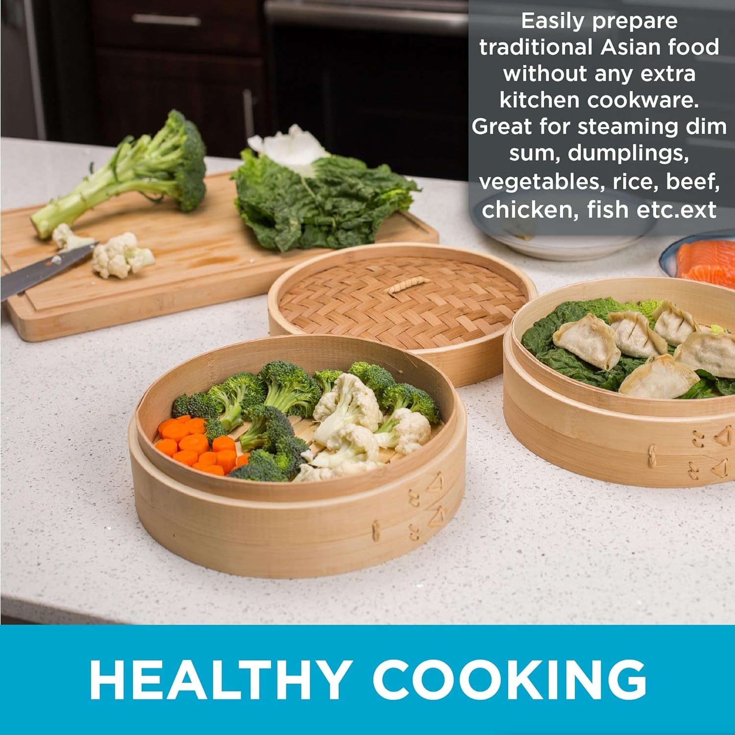 VERI STEAMY 10 Inch Bamboo Steamer for Cooking Vegetables and Dumplings - Classic Traditional 2 Tier Design - Healthy Food Prep - Great for Dim Sum, Chicken, Fish, Veggies - Steam Basket - Natural