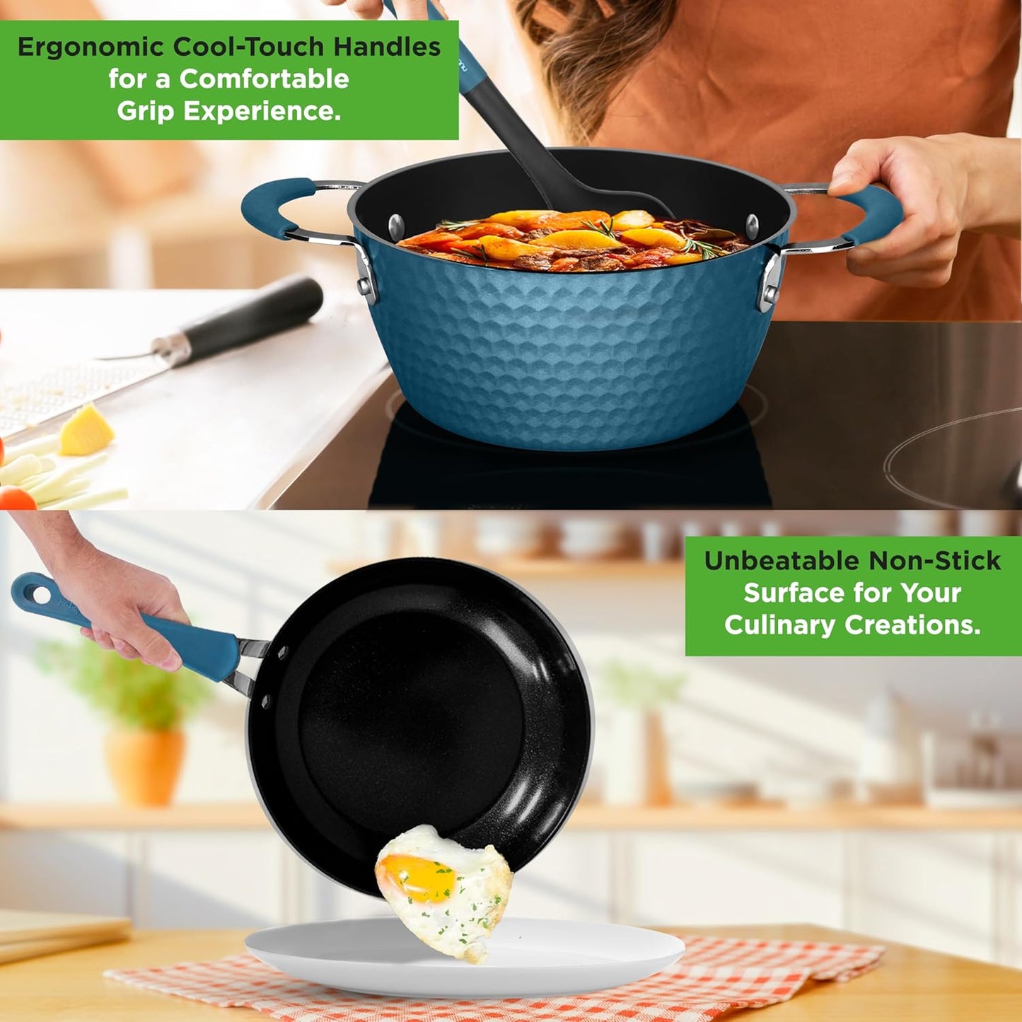 VERI HOT 11 Pc Pots and Pans Set Non Stick Cookware with Ceramic Coating, Ergonomic Handles, Induction Ready, Includes Saucepan, Dutch Oven, Large & Small Fry Pans, Royal Blue