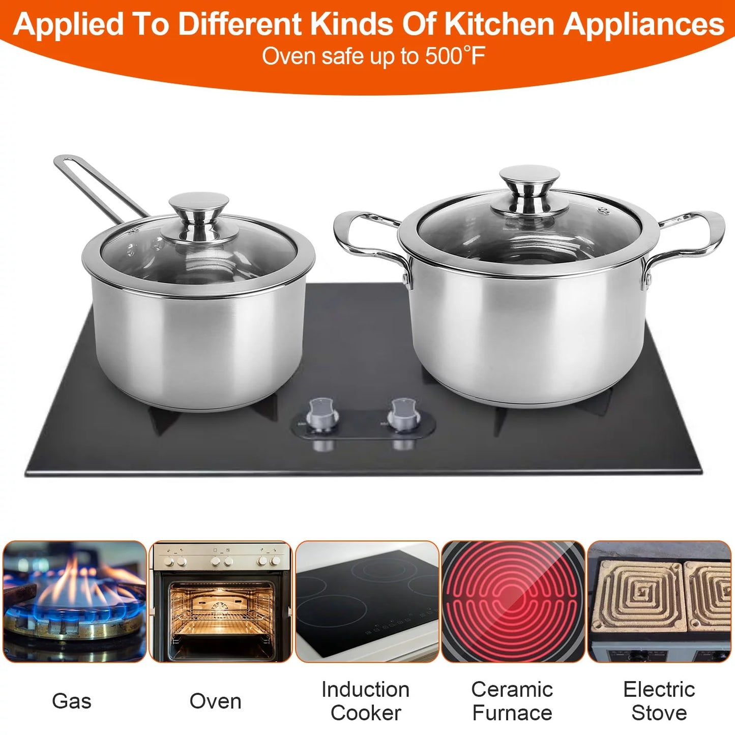 VERIS NICE Pots and Pans Set, 7-Piece, 18/8 Stainless Steel Cookware Set, Includes Saucepan, Skillet, Stockpots, Cooking Set with Glass Lids