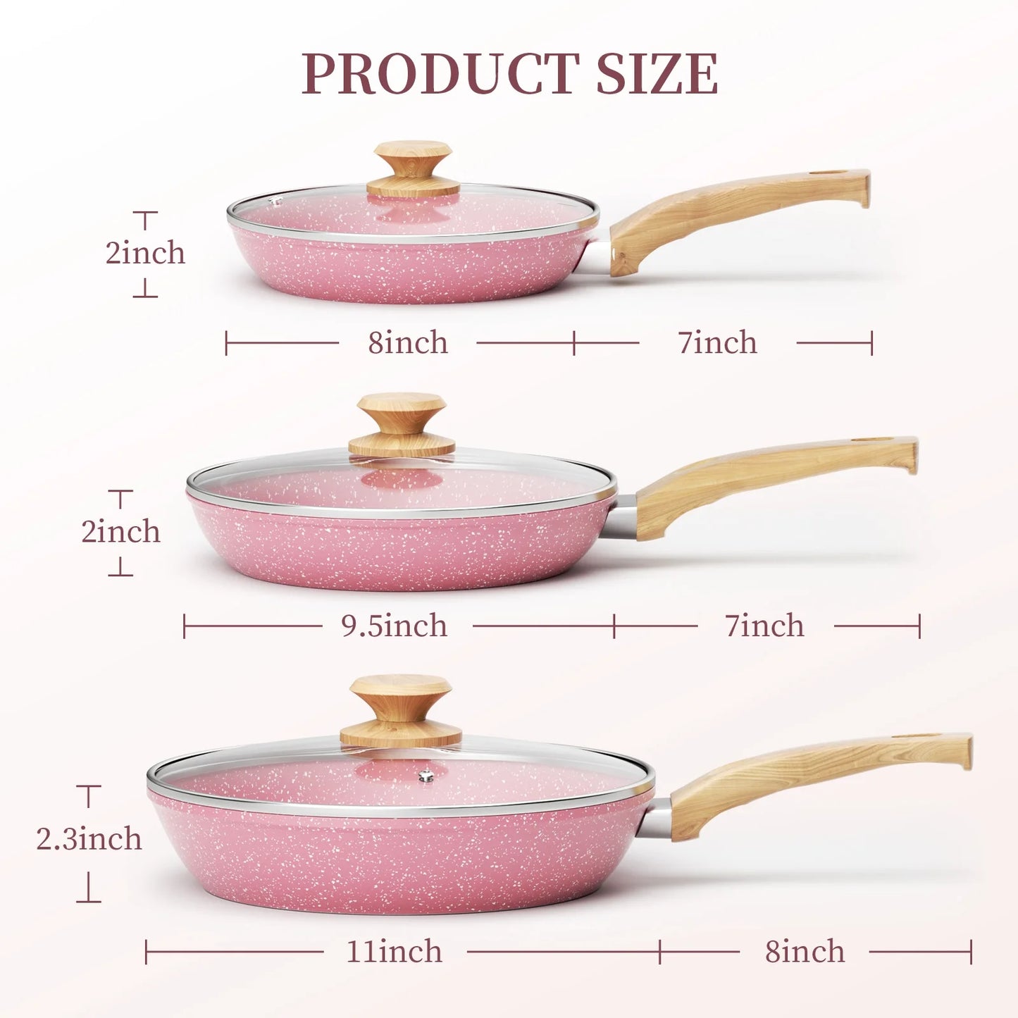 VERiS NICE 6Pcs Nonstick Pink Frying Pan Set Toxin-Free 8" 9.5" and 11" Frying Pan with Lid Bakelite Handle Cookware Set